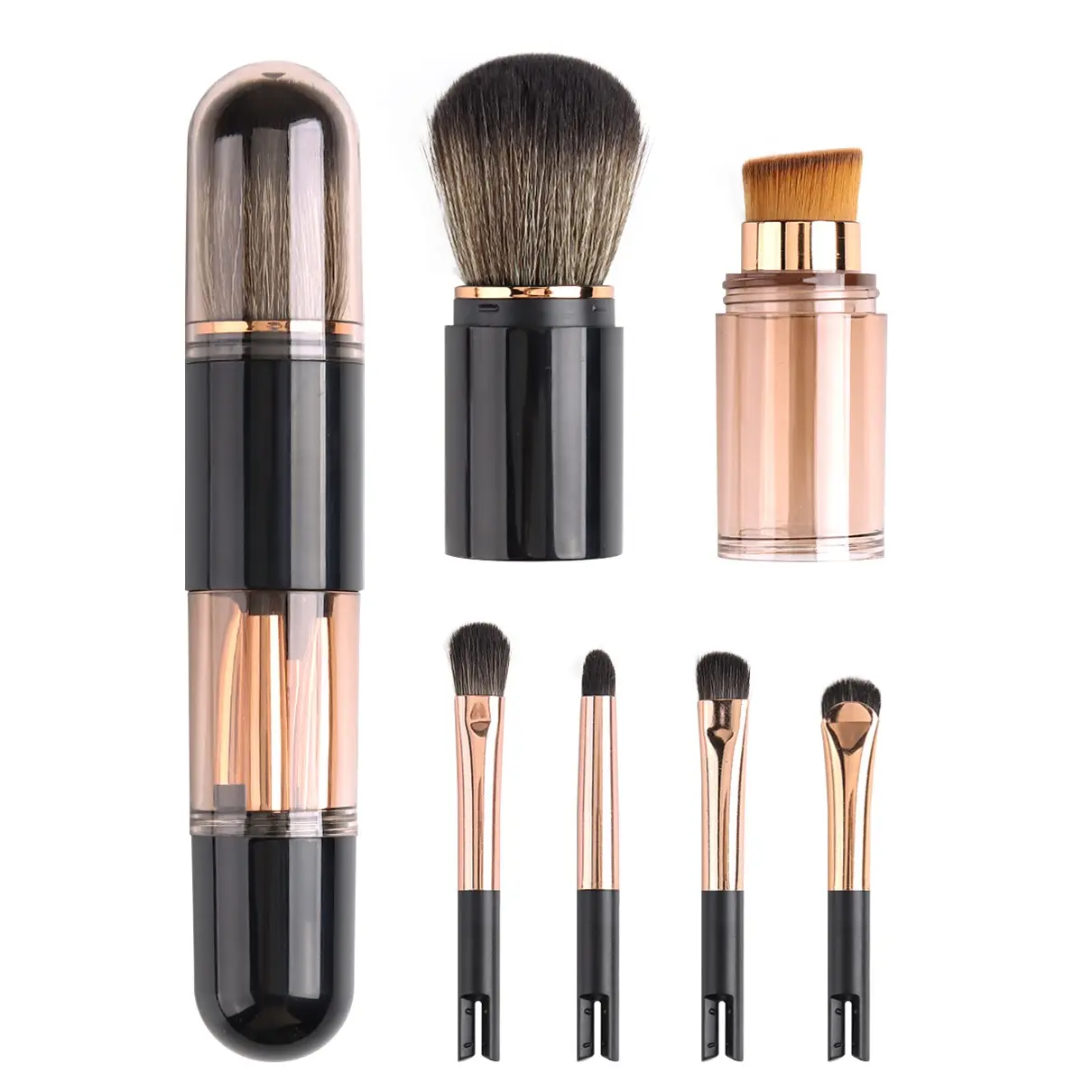 Portable 6-In-1 Retractable Makeup Brush Set, Travel Capsule, Includes Blush Brush, Concealer Brush, Dual-Ended Eyeshadow Brush