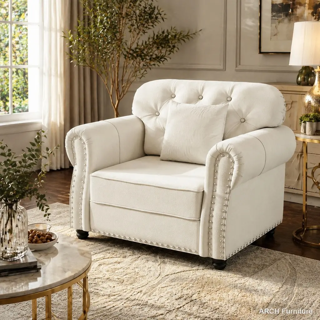 Mid-Century Modern Velvet Upholstered Chesterfield Single-Seater Sofa – Configurable, Durable Solid Wood Frame, High-Density Fill, Tufted Buttons, Nailhead Trim, Rolled Arms, Beige White, Indoor Living Room Furniture