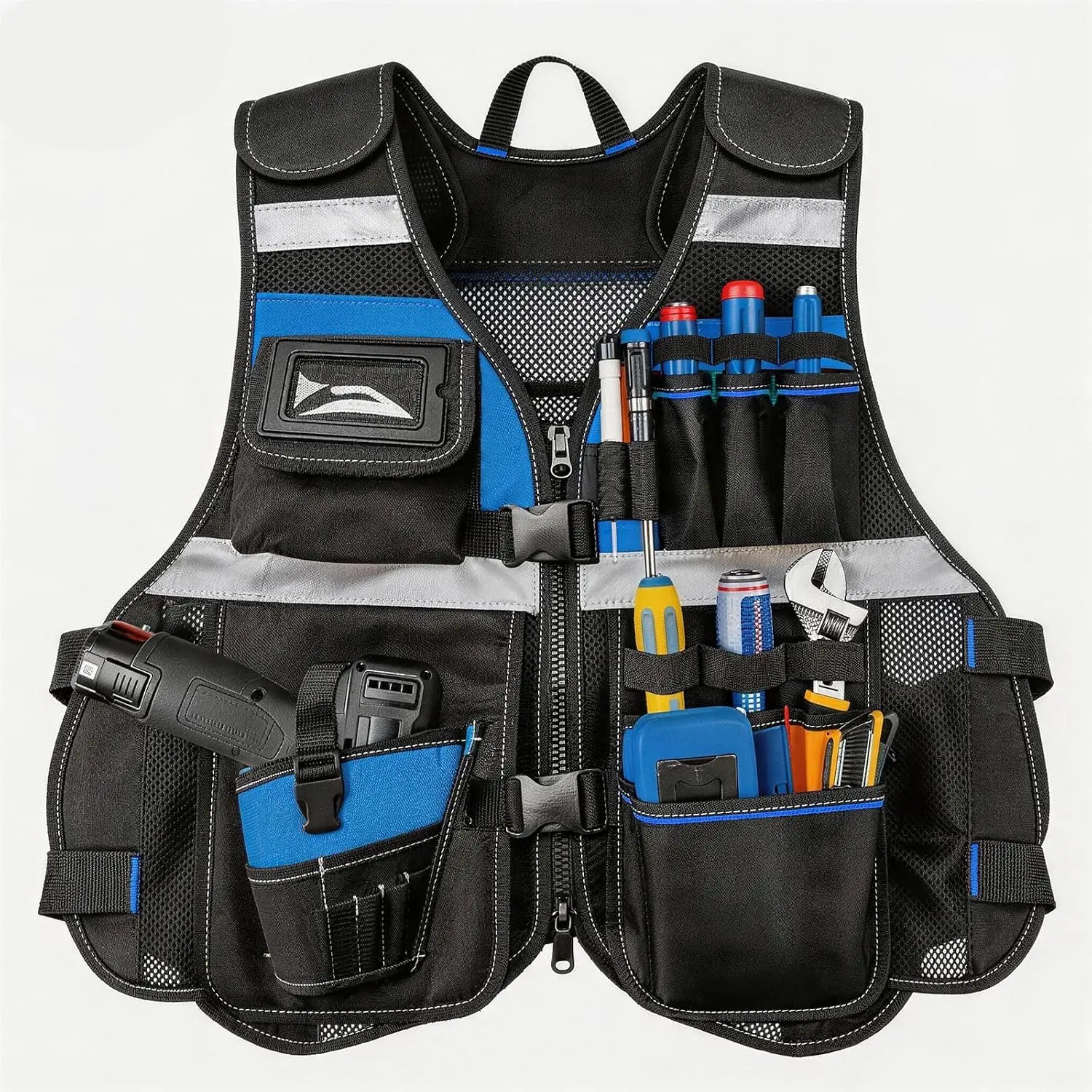 Men's Multi-Pocket Tool Vest, 1680D Adjustable Work Vest, Reflective Workwear with 16 Storage Pockets, Oxford Fabric