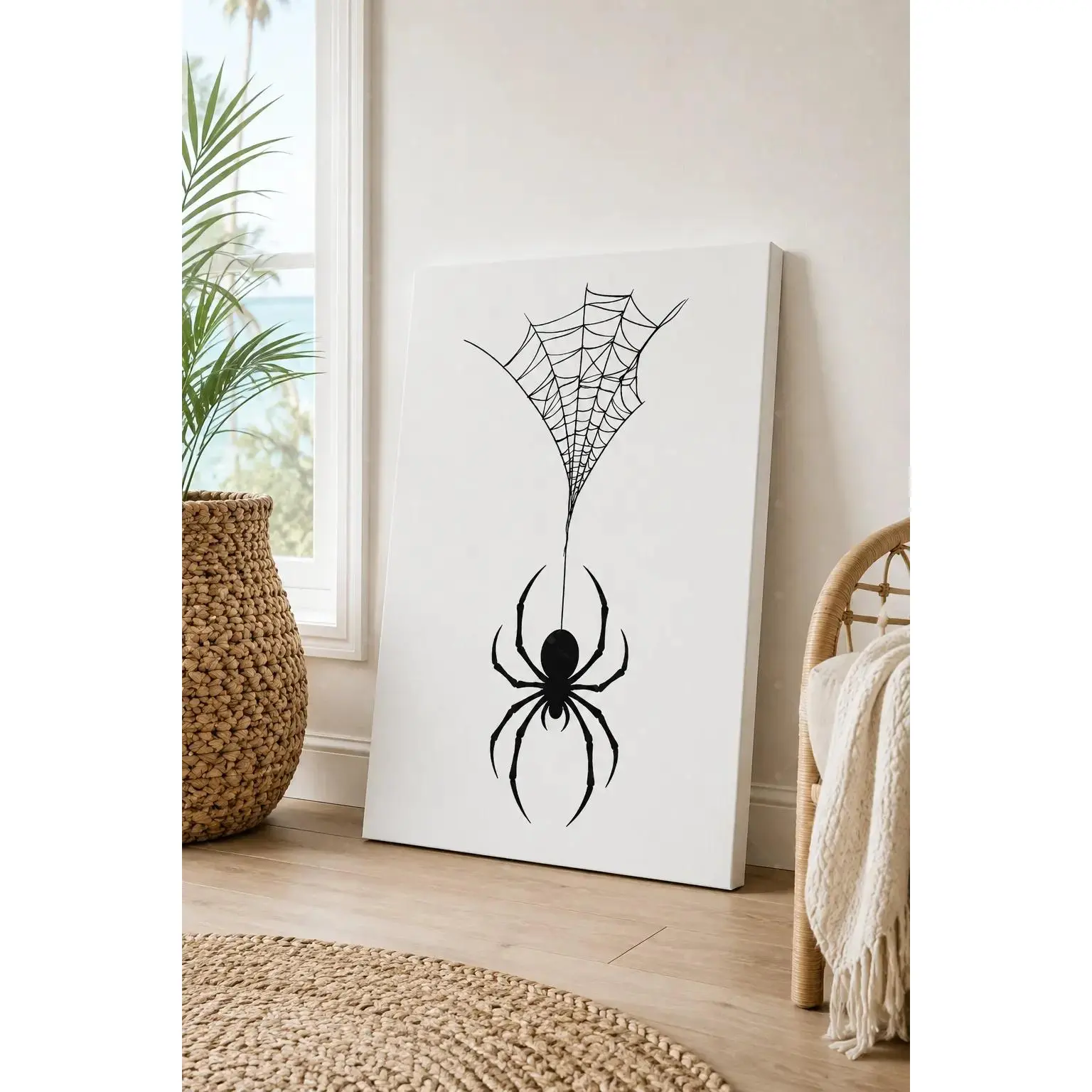 Minimalist Black Spider Poster, Hanging Web Silhouette Wall Decor, Monochrome Halloween Canvas Art for Bedroom, Living Room, Entryway, Office, Teen Room and Modern Minimalist Space