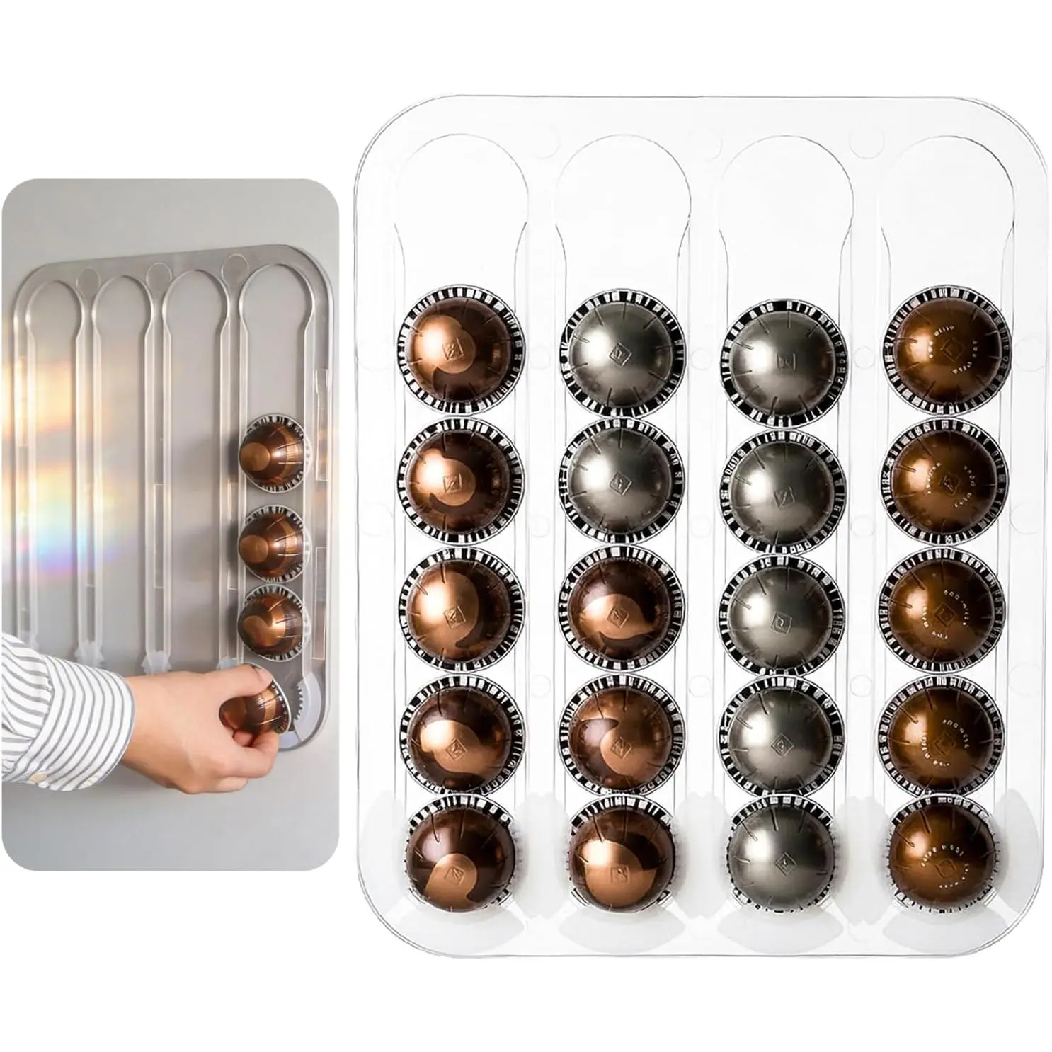 Wall Mount Coffee Pods Organizer for Nespresso Capsules Vertuo, Side Mount Holds up to 24 Capsules in 4 Rails, Clear Acrylic Material, Space-Saving Storage Rack