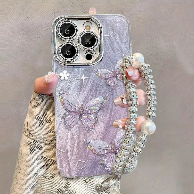 Compatible with iPhone 17ProMax/16pro/15/plus/14/13/12/11/XS Gradient butterfly case with lanyard, shockproof & non-slip, full lens protection HNZ0120