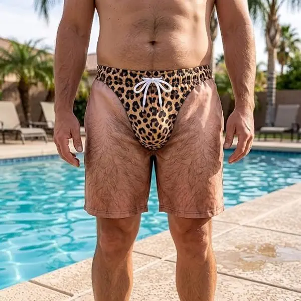 Tropical Hawaiian Men Beach Shorts, 3D Hairy Body Briefs Graphic Swim Trunks,Funny 3D Leopard Print Fake Briefs Beach Shorts