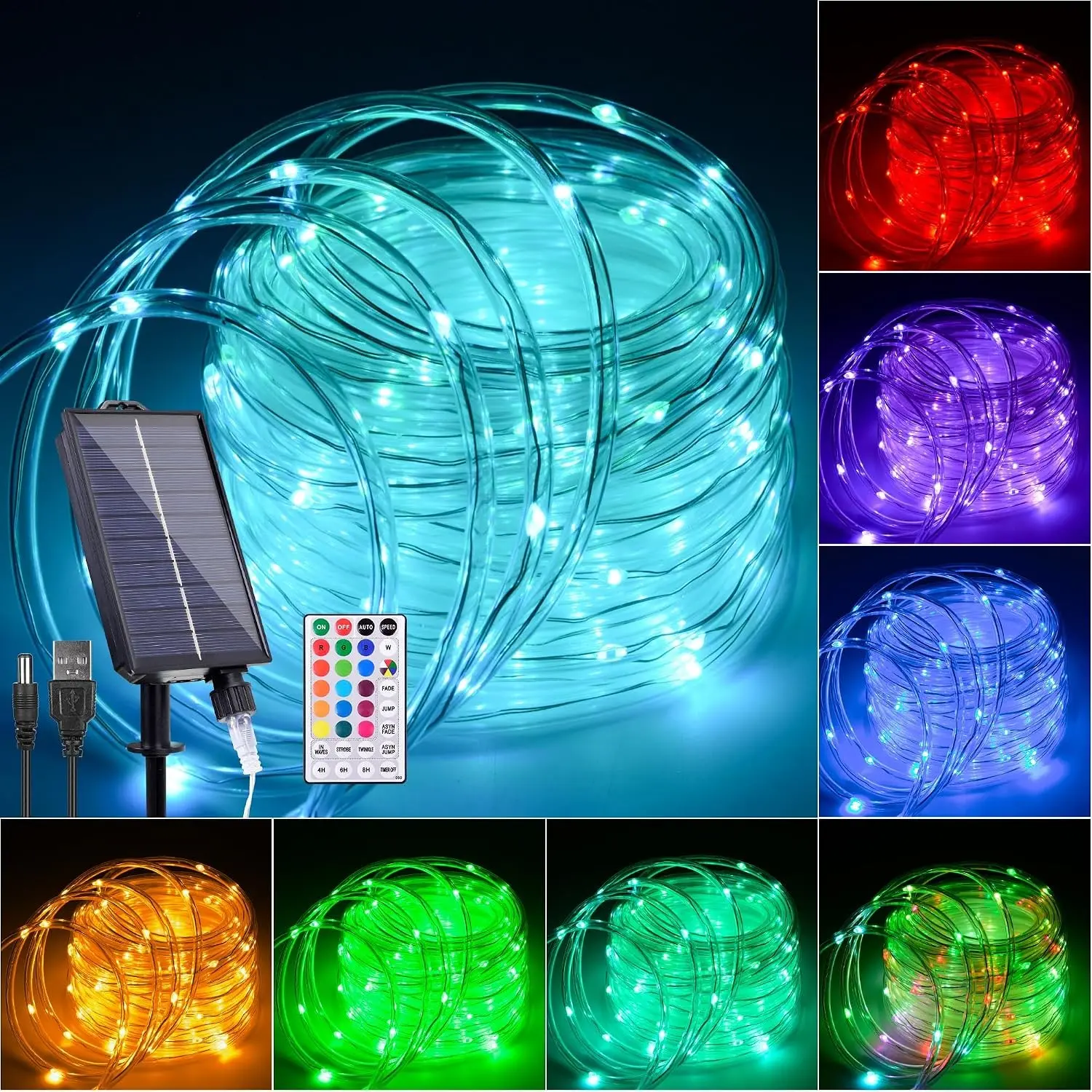 33FT Solar Rope Lights Outdoor Waterproof, 18 Colors Changing Fairy String Light USB & Solar Powered with Remote, 100 LEDs Multicolor Trampoline Light Rope Lighting for Outside Christmas PartyGift.