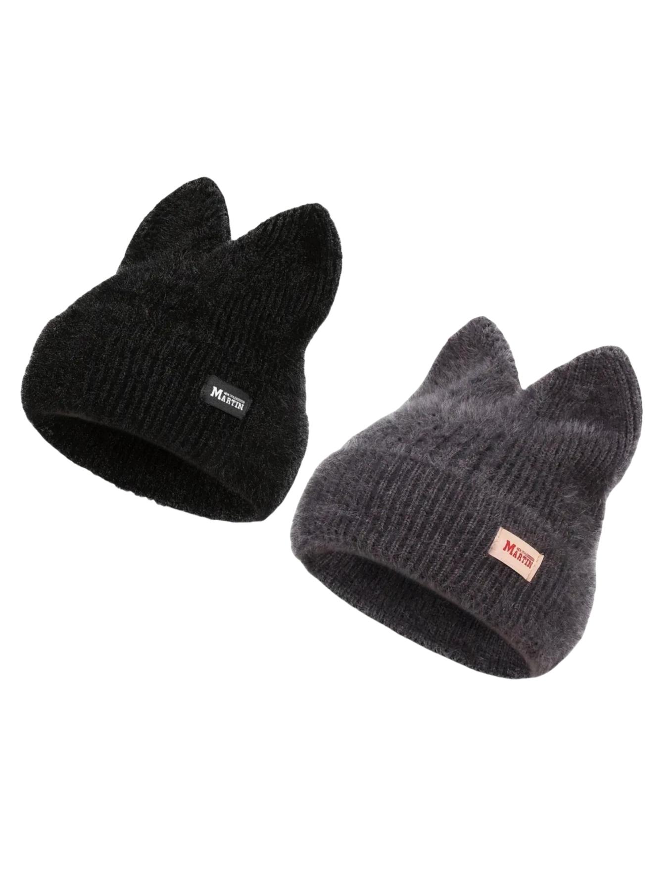 Cute Cat Ear Design Beanie Hat, Casual Solid-Color Knit Hat for Fall and Winter, Warm Pull-On Stretchy Knit Cap for Outdoor Activities