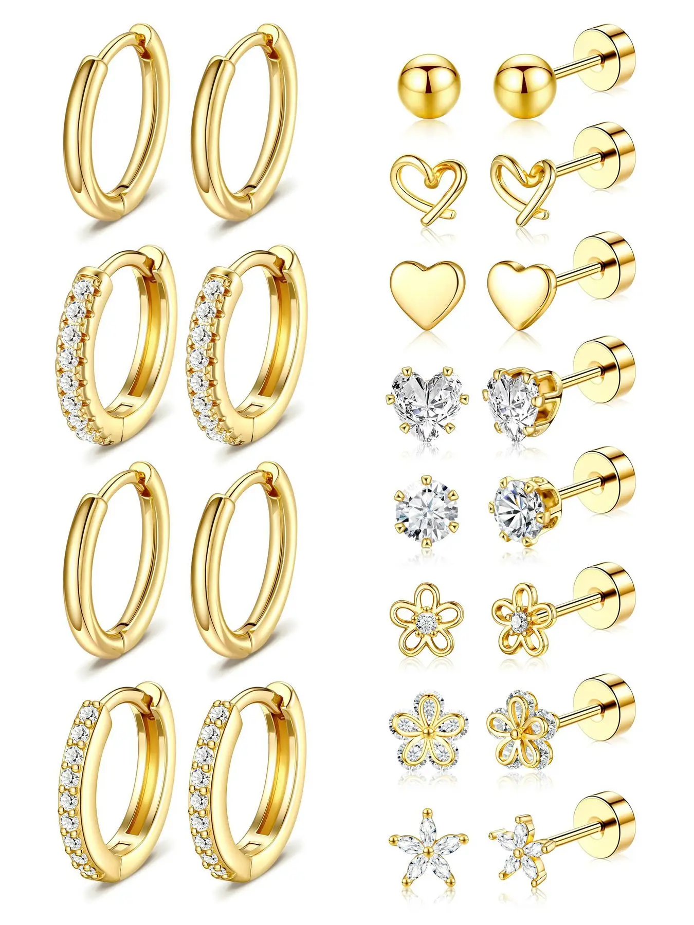PHRUKAR 12 Pairs 14k Gold Plated Surgical Stainless Steel Flat back Earrings Set Small Huggie Hoop Flatback Hypoallergenic Earring for Sensitive Ears Screw Back Cartilage Piercing Jewelry