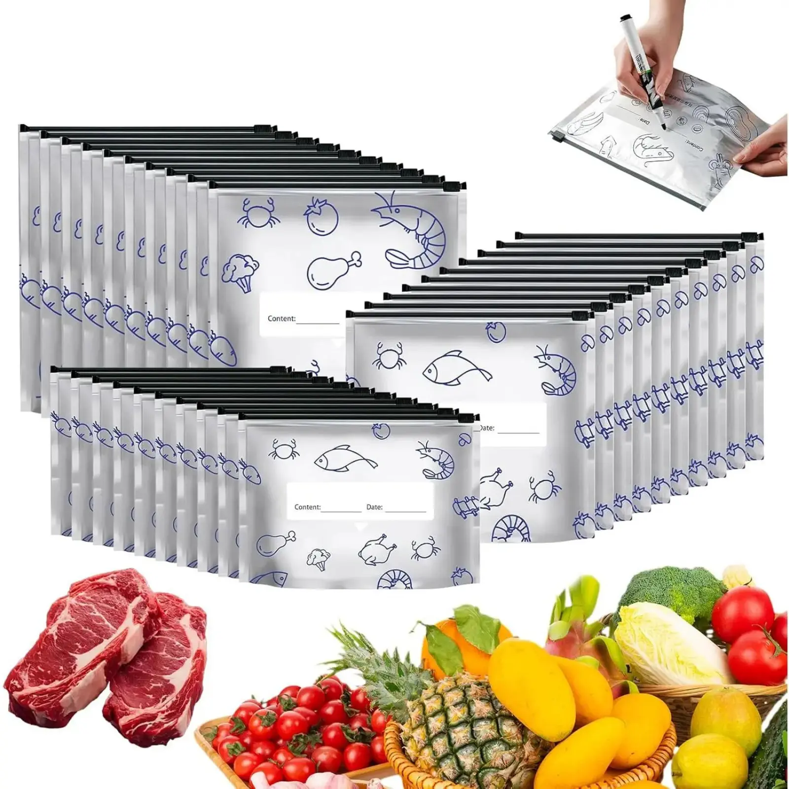 30Pcs Sturdy Aluminum Foil Kitchen Food Storage Bags, Stand-Up Leakproof Zipper Pouches for Freezer Meal Prep Containers, Tear-Resistant for Meat & Veggies