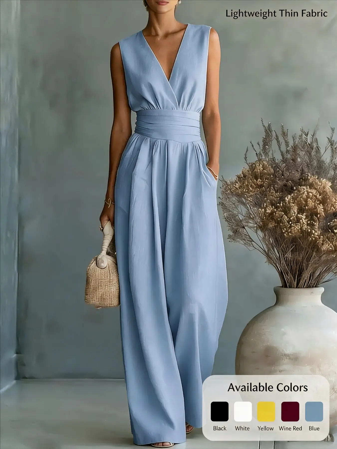 Elegant Minimalist Women's Deep V Neck Sleeveless Wide Leg Jumpsuit, Solid Color High Waist Long Pants, Stylish and Comfortable Fit Fashion Wear