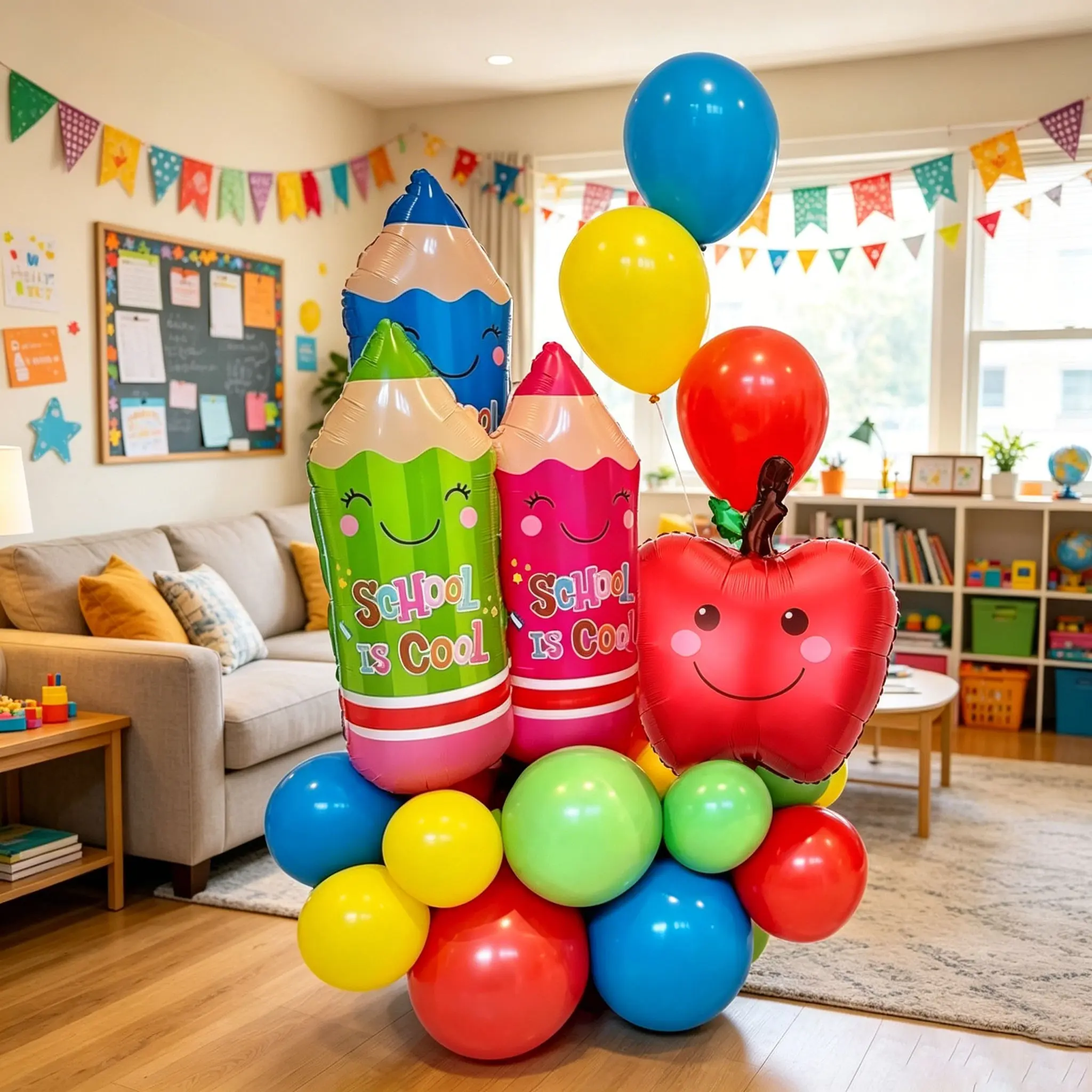 26-piece Back-to-School Study Supplies-Themed Balloon Set, including pencils, two red apple-shaped foil balloons, and red, green latex balloons, ideal for back-to-school decorations, graduation celebrations, Graduation Themes, back-to-school parties