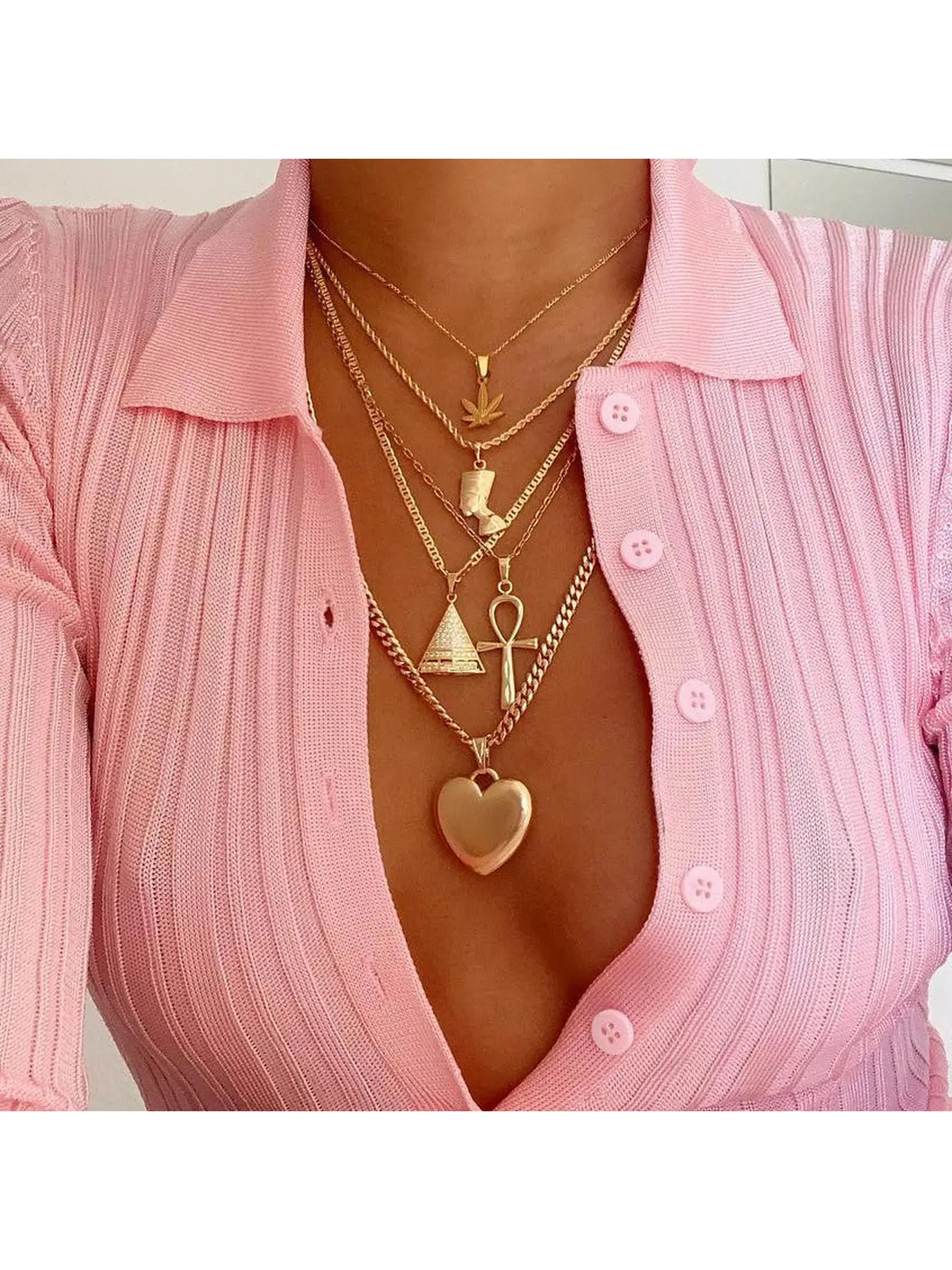 Women Gold Plated Multi Layer Egyptian Symbol Pendant Necklace Ankh Cross Pyramid Heart Charm Stackable Statement Jewelry Retro Hippie Boho Necklace For Daily Office Party Vacation Beach Gift