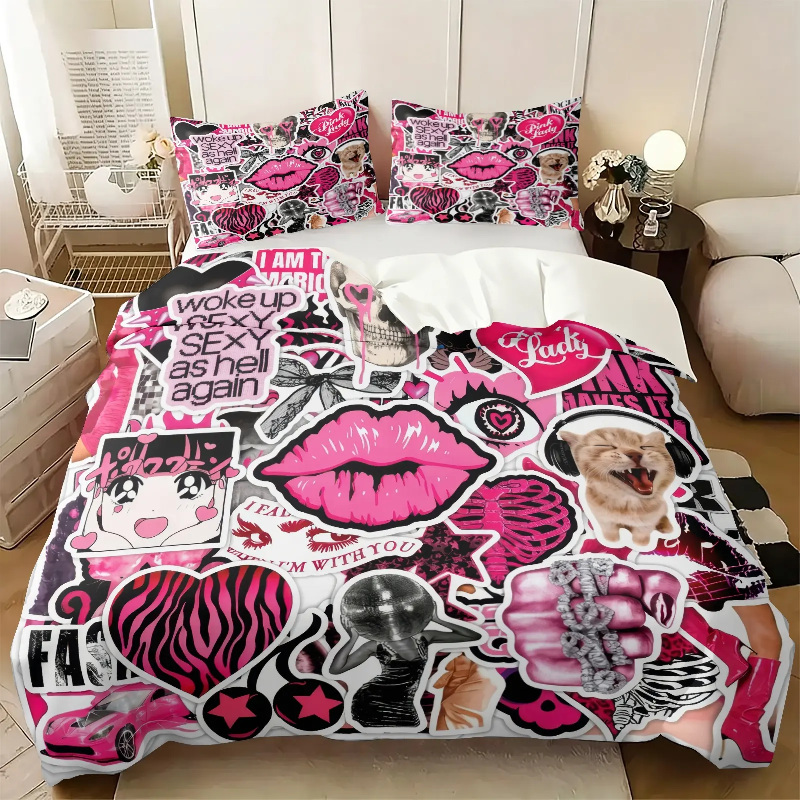 Pink Black Y2K Sticker Bomb Print Duvet Cover Set, 1 Duvet & 1-2 Coreless Pillowcases, HD Digital Printing Hot Pink Grunge Pop Art Collage Bedding All Size, Soft Skin-friendly & Machine Washable Bed Set, Gift For Y2K Style Lovers