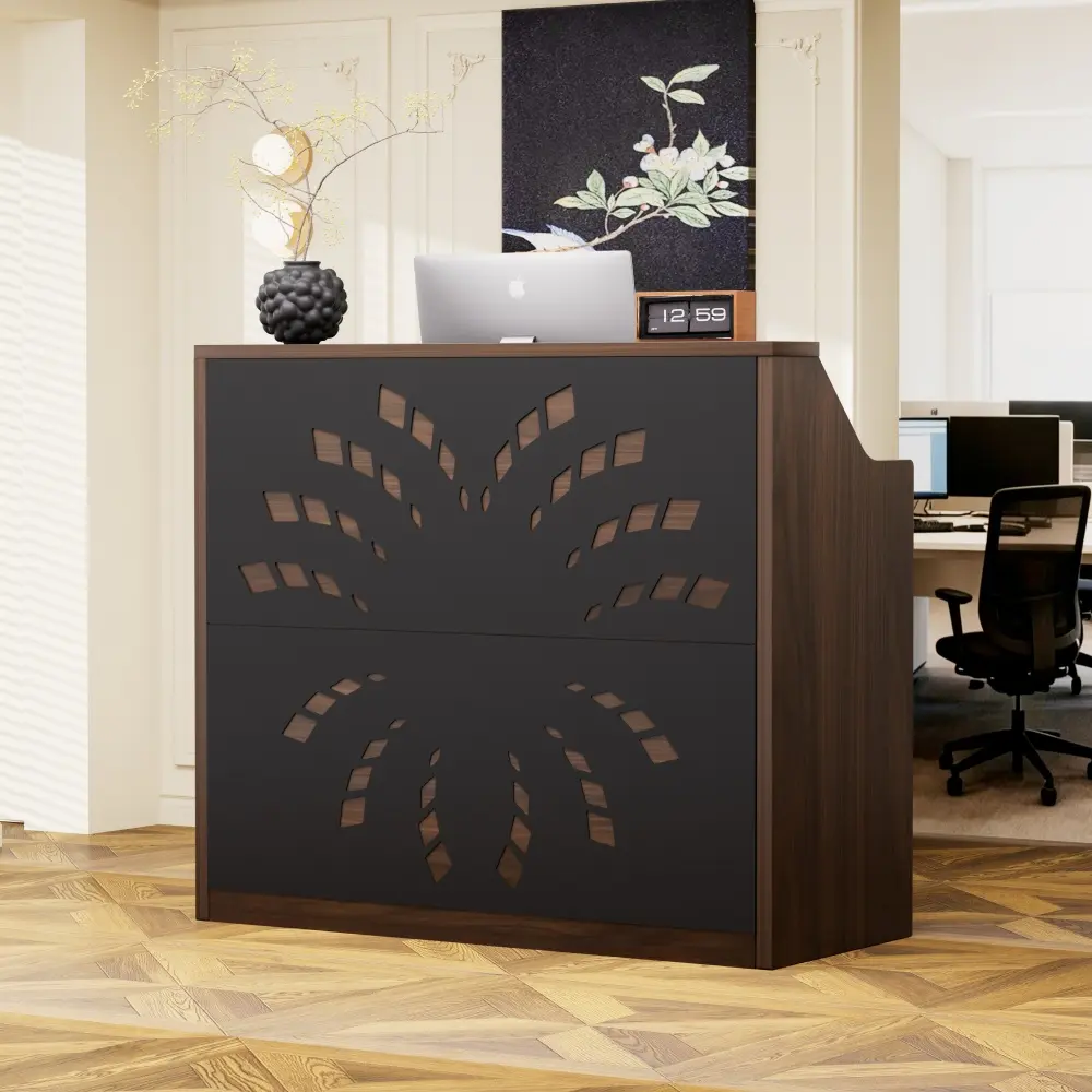 46.5" Modern Reception Desk with Storage Cabinet, Front Counter Checkout Desk for Office Lobby, Retail Store, Beauty Salon & Business Workspace, Executive Welcome Desk with Drawers, Walnut Wood Finish with Black Accents, Stylish Commercial Reception Furni