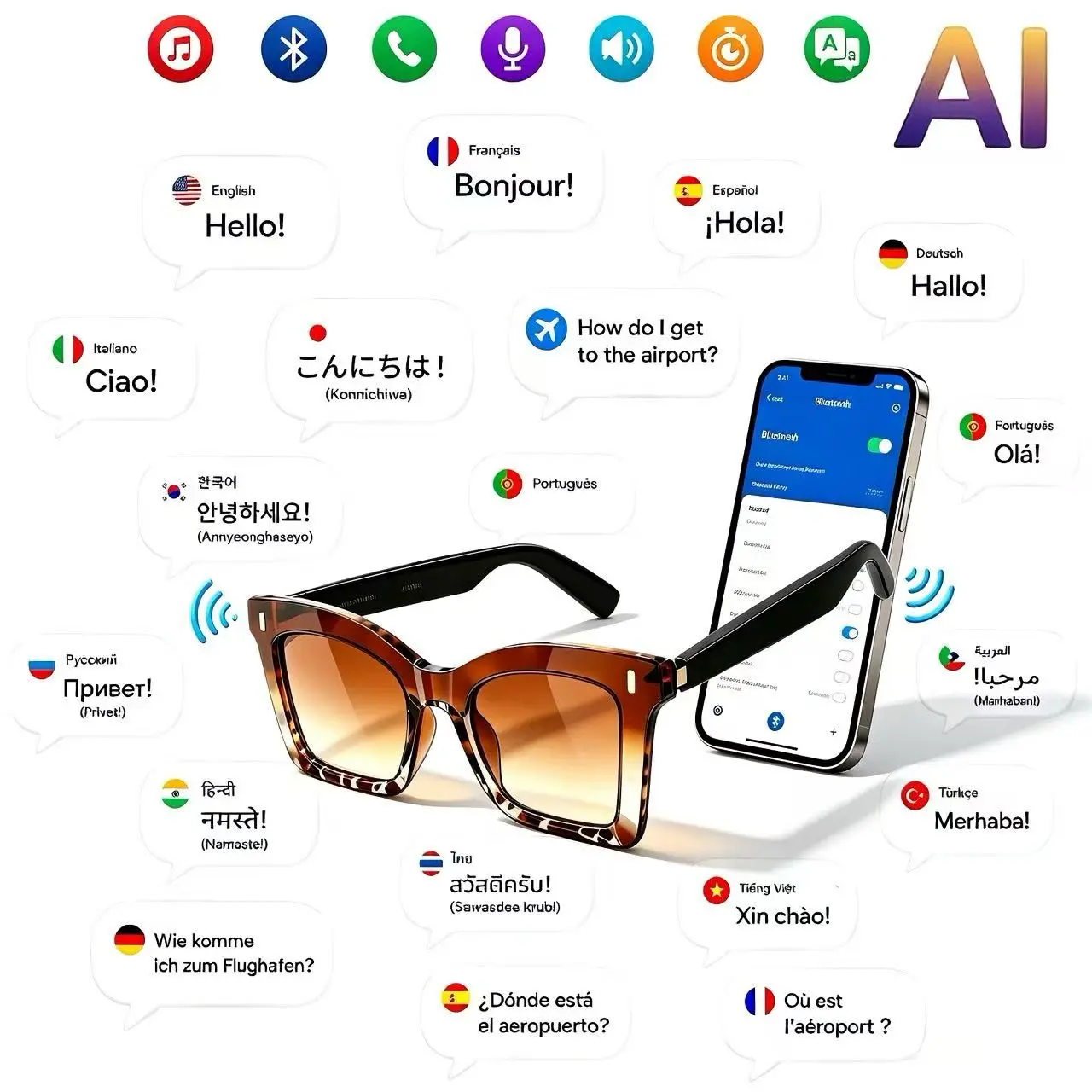 AI Bluetooth smart glasses, Smart wireless glasses, Smart audio glasses, with multiple language APP translation, music glasses, in ear automatic detection switch, sweat proof, sun protection, suitable for travel, navigation, business