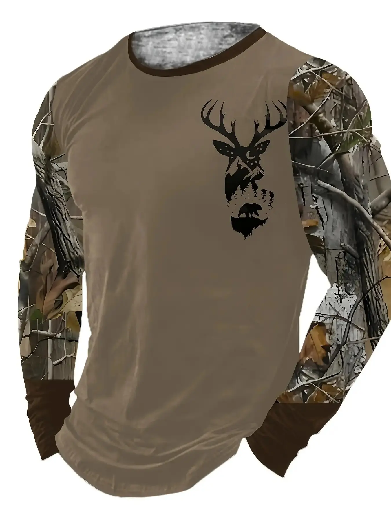 Men's Round Neck Long Sleeve T-Shirt, Body Forest Camo Sleeves, Deer Head Mountain Bear Silhouette Print, Outdoor Hunting Casual Top