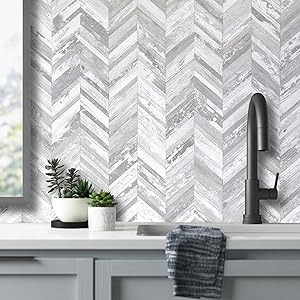 10-Sheet Herringbone Peel and Stick Backsplash, Vintage White Wood Look PVC Stick on Backsplash for and 10-Sheet Herringbone Peel and Stick Backsplash, Vintage White Wood Look PVC Stick on Backsplash for and