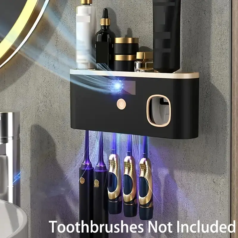 1pc Smart Toothbrush Organizer, Toothbrush Holders For Bathrooms, with Automatic Toothpaste Dispenser - Toothbrush Holders Wall Mounted, 5-Slot Storage, Durable Plastic, USB Rechargeable Lithium Battery, Bathroom Organization And Home Decor