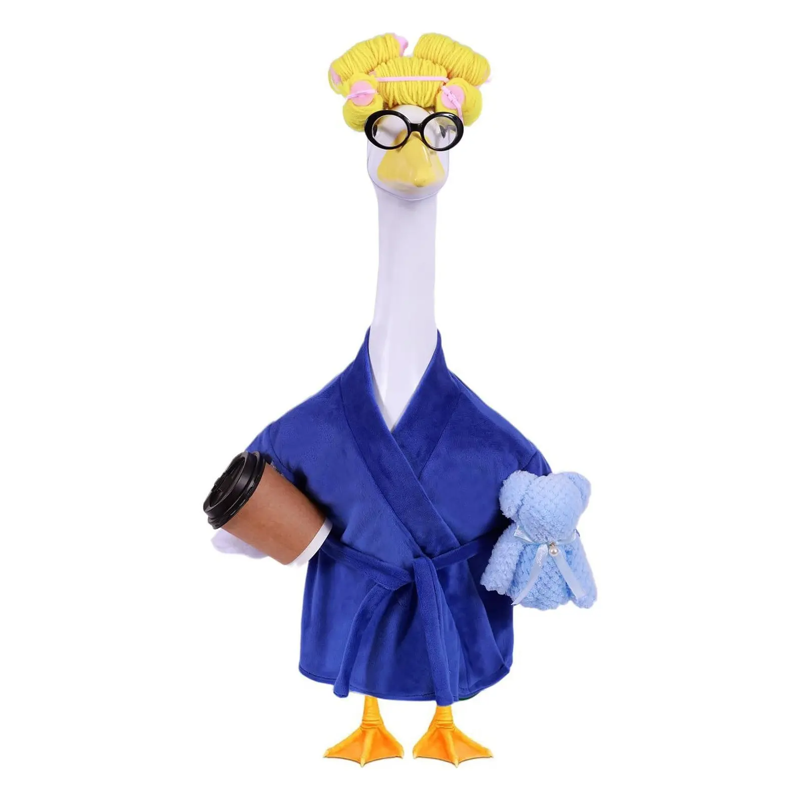 3pcs Set Purple Robe Porch Goose Costume Outfit, Suitable for 23-inch Statue Goose Decoration, Includes Purple Robe, Fake Curly Wig Headpiece, And Donut Cup Prop. Perfect for Outdoor Statue Dressing, Porch Goose Attire.