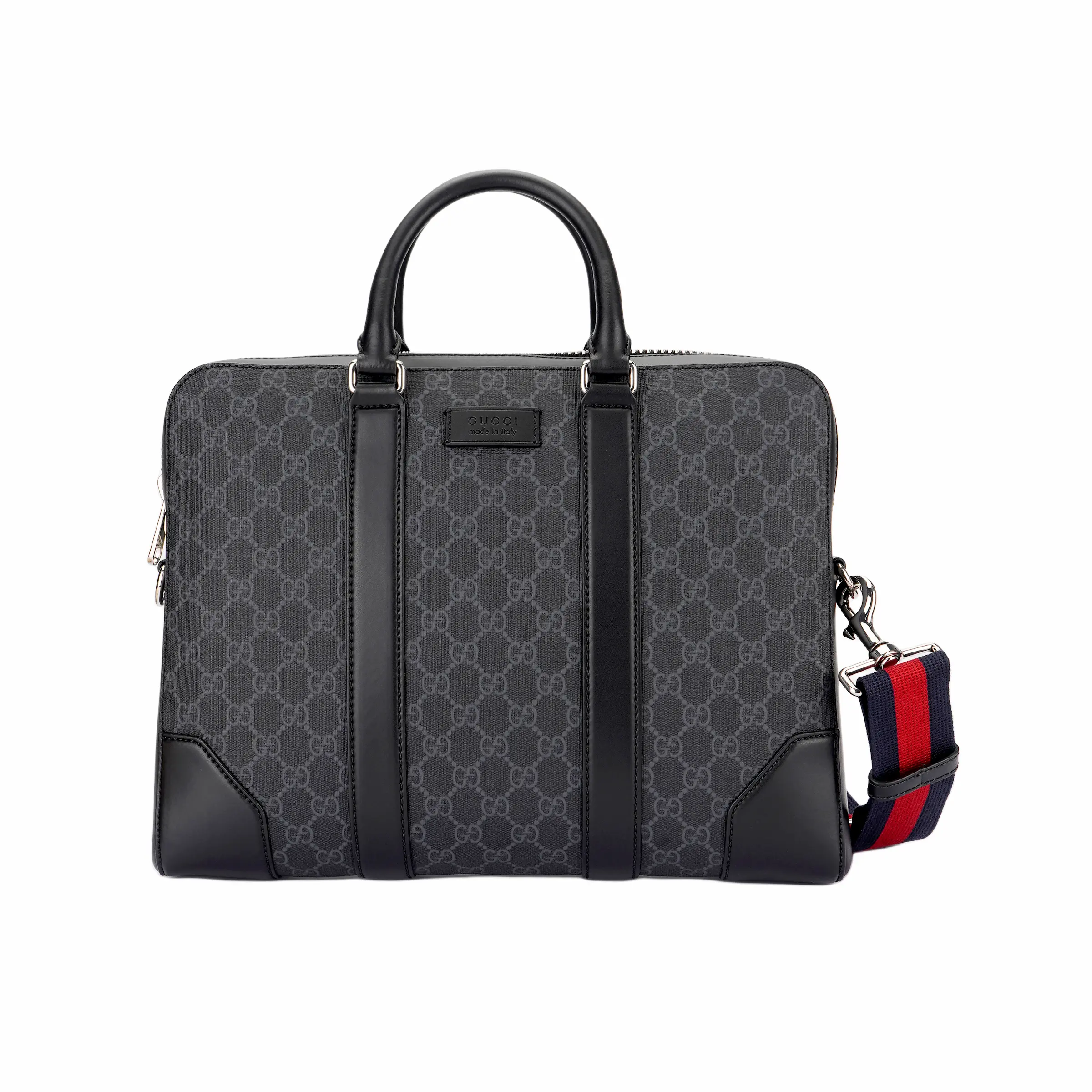 Gucci Monogram Canvas and Leather Briefcase with Striped Webbing for Men, Black