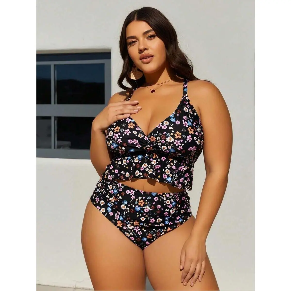 Plus Size Bikini Set, Boho Ditsy Floral Print with High Waist Ruffle Hem, V-Wired Push Up Top, 2-Piece Knit Fabric Swimming Suit, Machine Wash, Two-Pieces