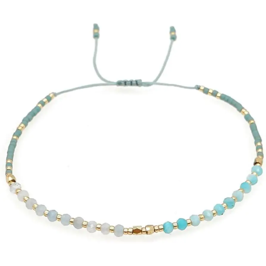 Beaded Bracelet  Stone & Glass Beads Adjustable Sliding Knot Minimalist Two-Tone  Accent Stackable Delicate  for Women Everyday Wear