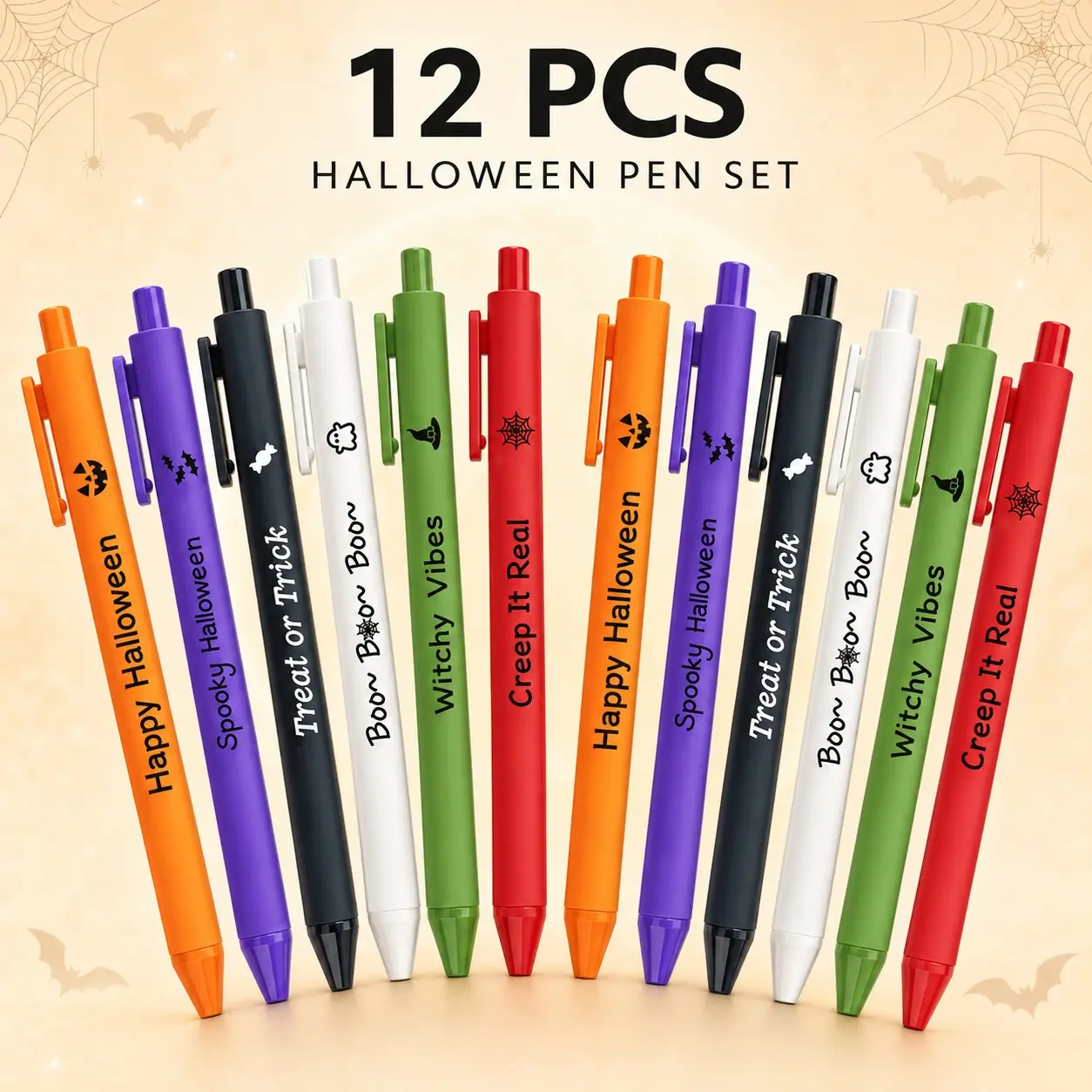 12 Halloween Retractable Ballpoint Pens, 6 Unique Creepy Designs, Smooth Ink, Perfect for Parties, Classroom Rewards, Trick-Or-Treat Bags, School Office Supplies, Halloween Gifts, Ballpen Set