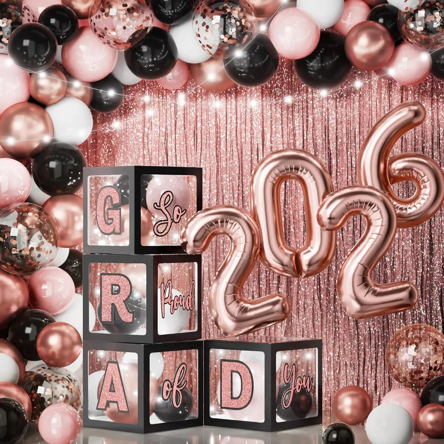 Class of 2026 Graduation Decorations Kit, 86-Piece Rose Gold and Black Party Supplies with LED Light-Up GRAD Boxes, Balloon Garland Arch, Reusable Foil Backdrop & Stickers, Led Lights, Non Toxic, Foldable, Collapsible