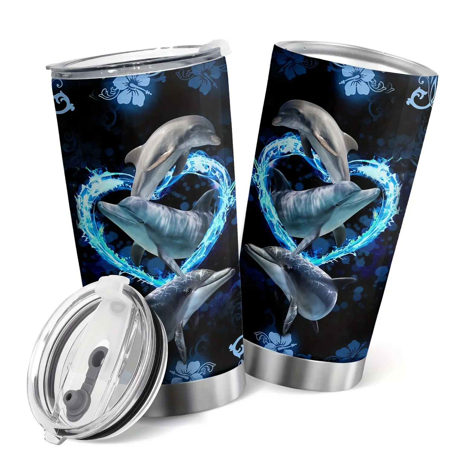 20oz Dolphin Heart Tumbler 304 Stainless Steel Insulated Travel Coffee Mug With Lid & Straw, Cup Holder Friendly Leakproof Water Bottle, Dolphin Gifts For Women Adults Dolphin Lovers, Daily Gym Drink Cup For Coffee Juice Beverages