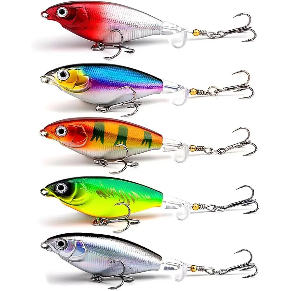 5 Pack Topwater Fishing Lures, Whopper Plopper for Bass, 3D Eyes Bait with Propeller Tail, Floating Fishing Lure, Floats for Catfish Pike Perch, Freshwater Saltwater