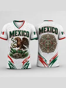2026-Mexico-Inspired-White-V-Neck-Short-Sleeve-Menswear-T-Shirt-for-Men,-Eagle-Serpent-Cactus-Cultural-Graphic,-Aztec-Calendar-Mask-Back-Print,-Flag-Sleeve-Accents,-Casual-Soccer-Fan-Tee,-Futbol-Game-Day-Shirt,-Summer-Party-Streetwear