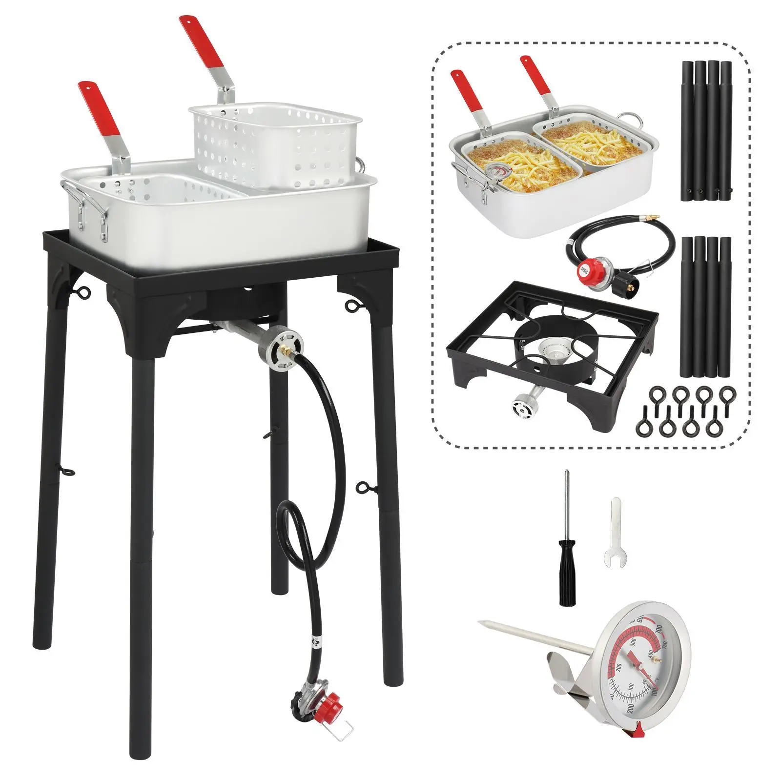18Qt Deep Fryer Pot, Aluminum Deep Fryer Pot with 58,000 BTU Propane Gas Burner, 2 Baskets & Thermometer for Outdoor Fry Cooking, Outdoor Cooking, 12" Deep Probe Thermometer