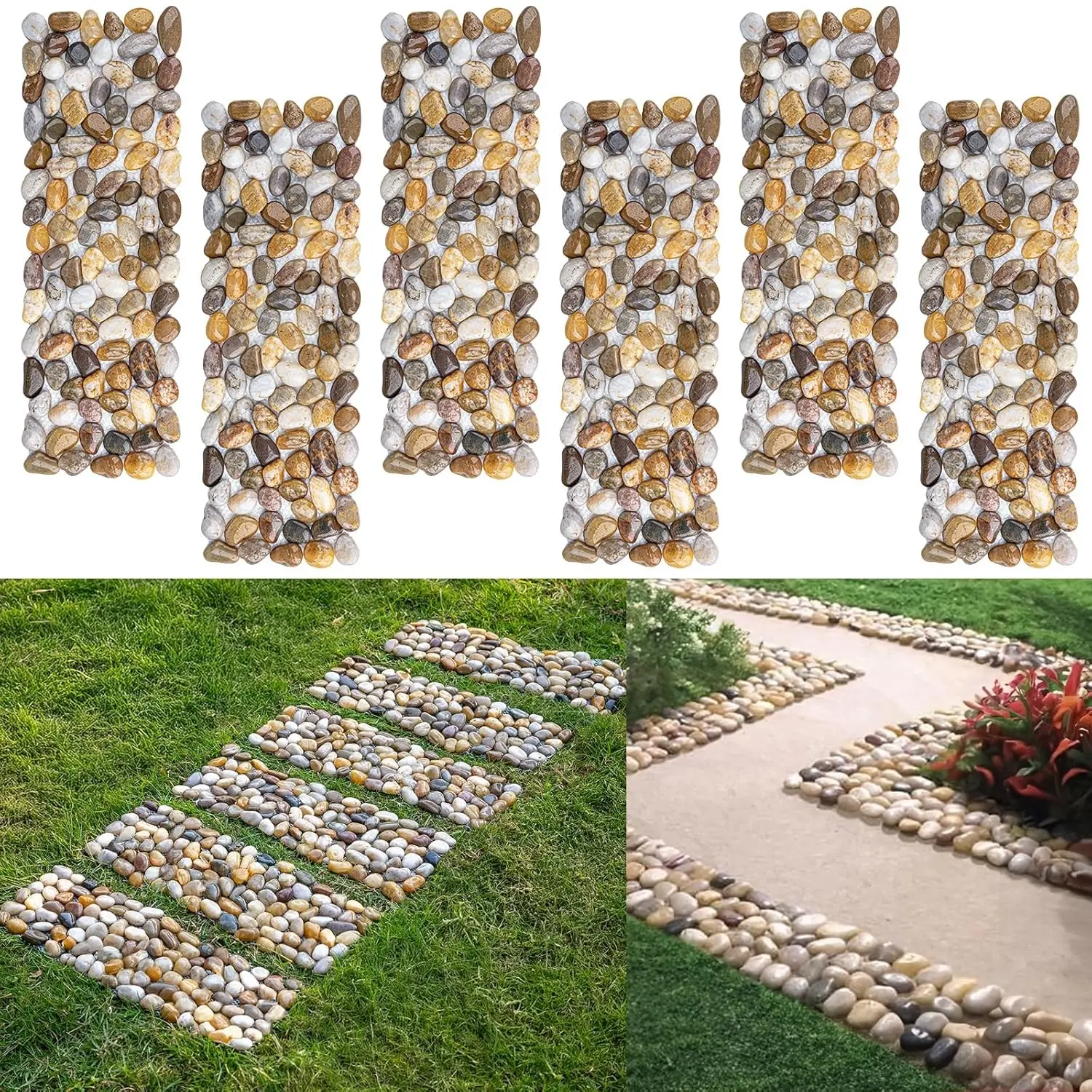 6 Pcs Rectangular River Rock Stepping Stones (16x5.5 in) - Polished Pebbles Outdoor Paths Pavers with River Rock Look for Garden Walkway, Rectangular Shape