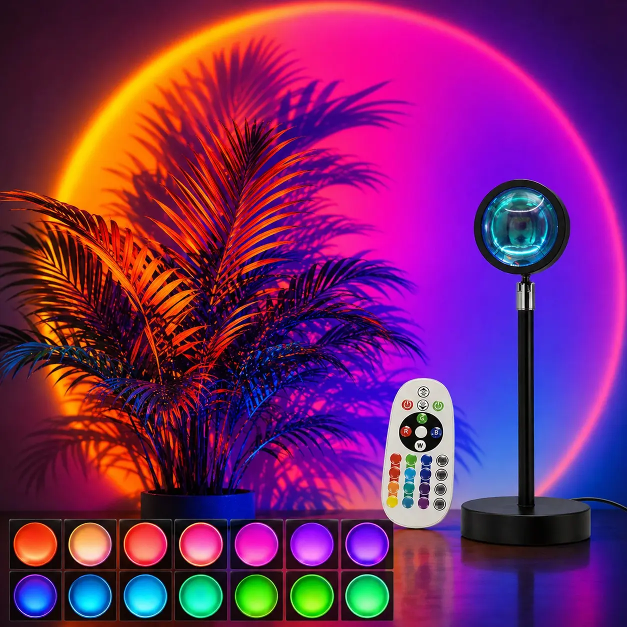 RGB Sunset Lamp Projector, 16 Colors Changing Mood Light with Remote Control, USB Powered Decorative Table Lamp for Bedroom, Dorm, Living Room and Photo Shooting
