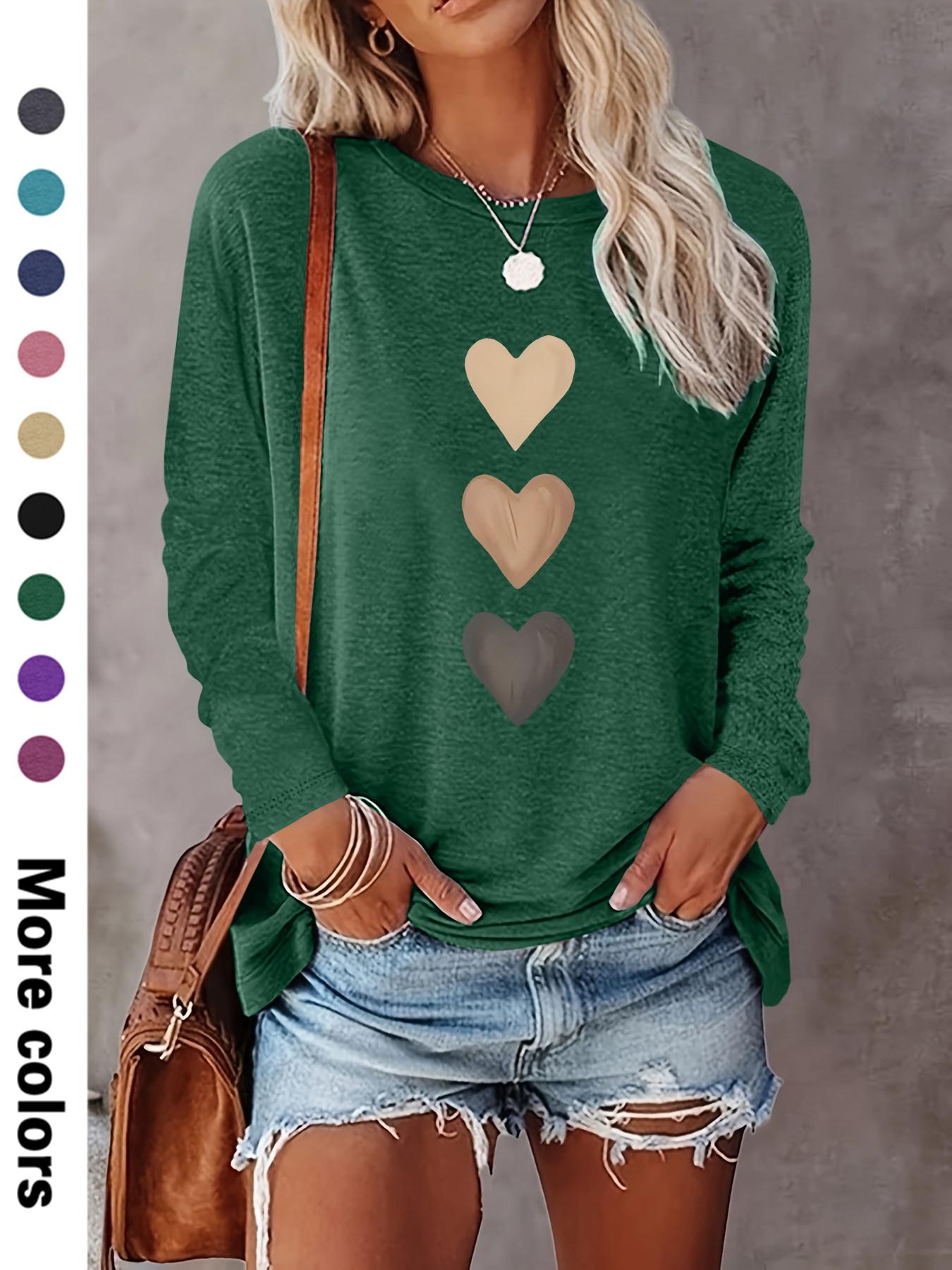 Women's Heart Print Round Neck T-shirt, Casual Long Sleeve Crew Neck T-shirt for Spring & Fall, Fashion Women's Top for Daily Wear