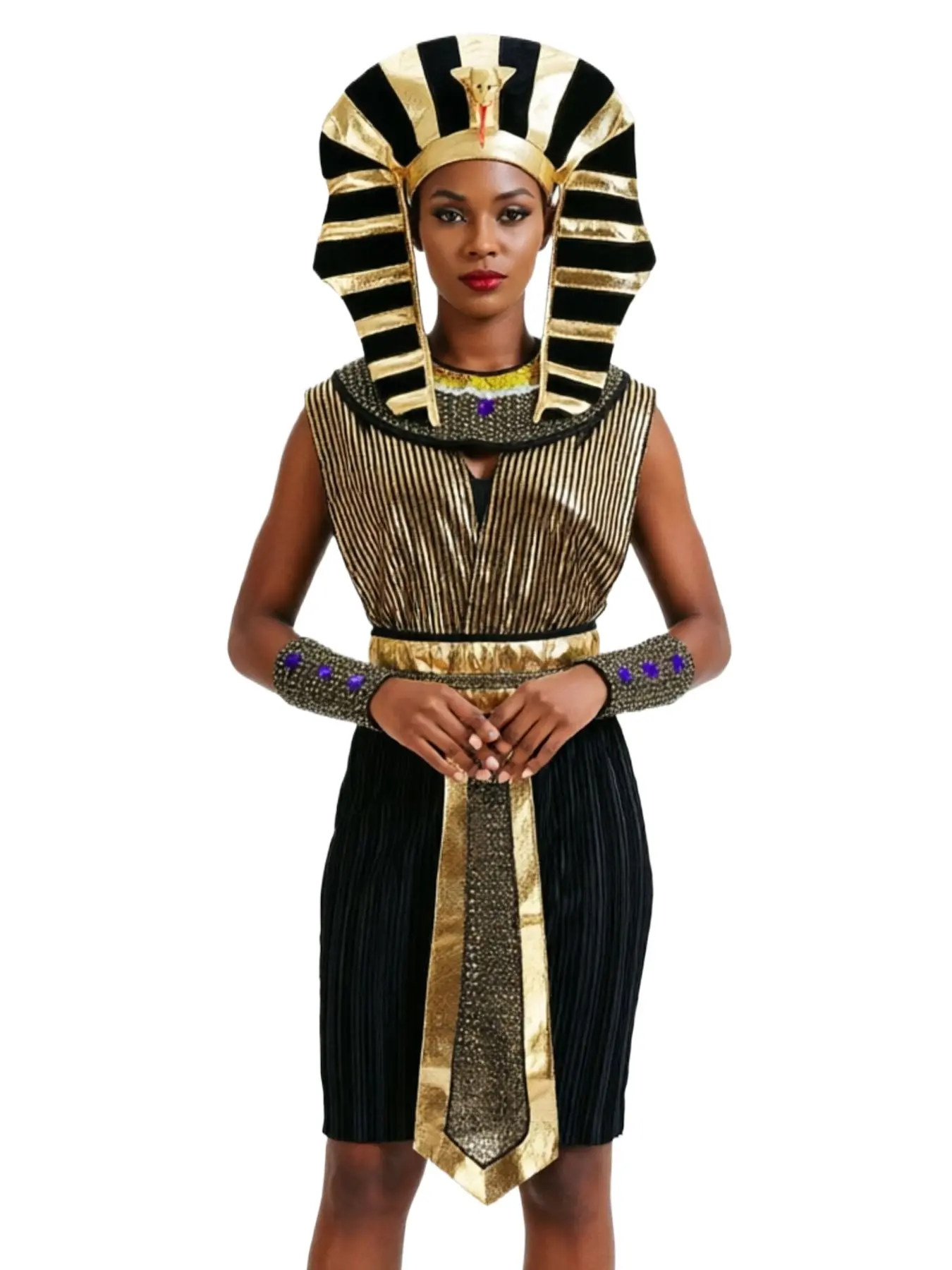 Complete Cleopatra Egyptian Costume for Parties Women with Black Gold Striped Dress Headpiece and Arm Cuffs for Themed Stage Performance Party Photo Booth Prop
