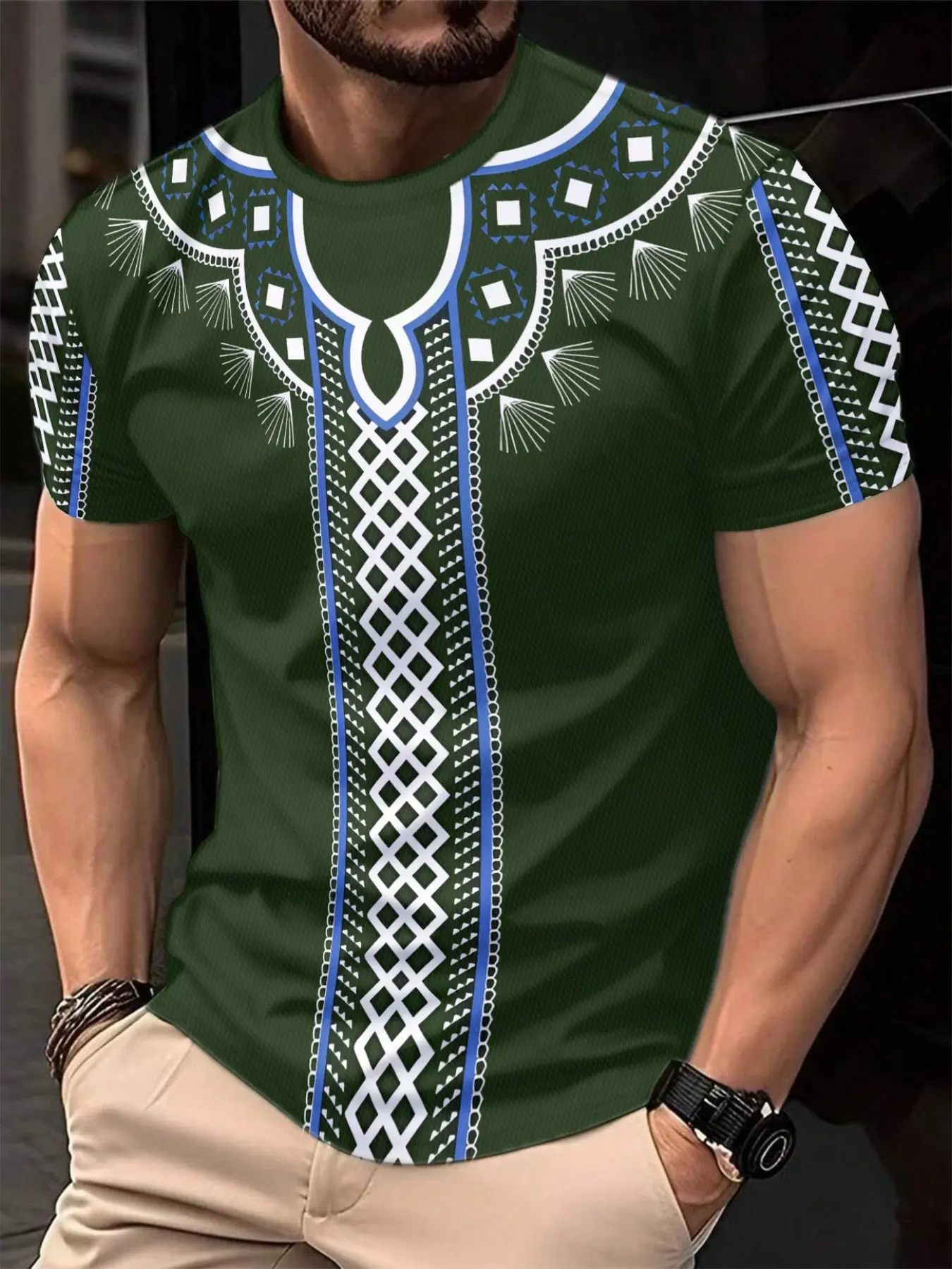 Summer Men's 3D Digital Print Ethnic Patchwork T-Shirt, Casual Comfortable Round Neck Short Sleeve, Ideal for Daily and Sports Wear