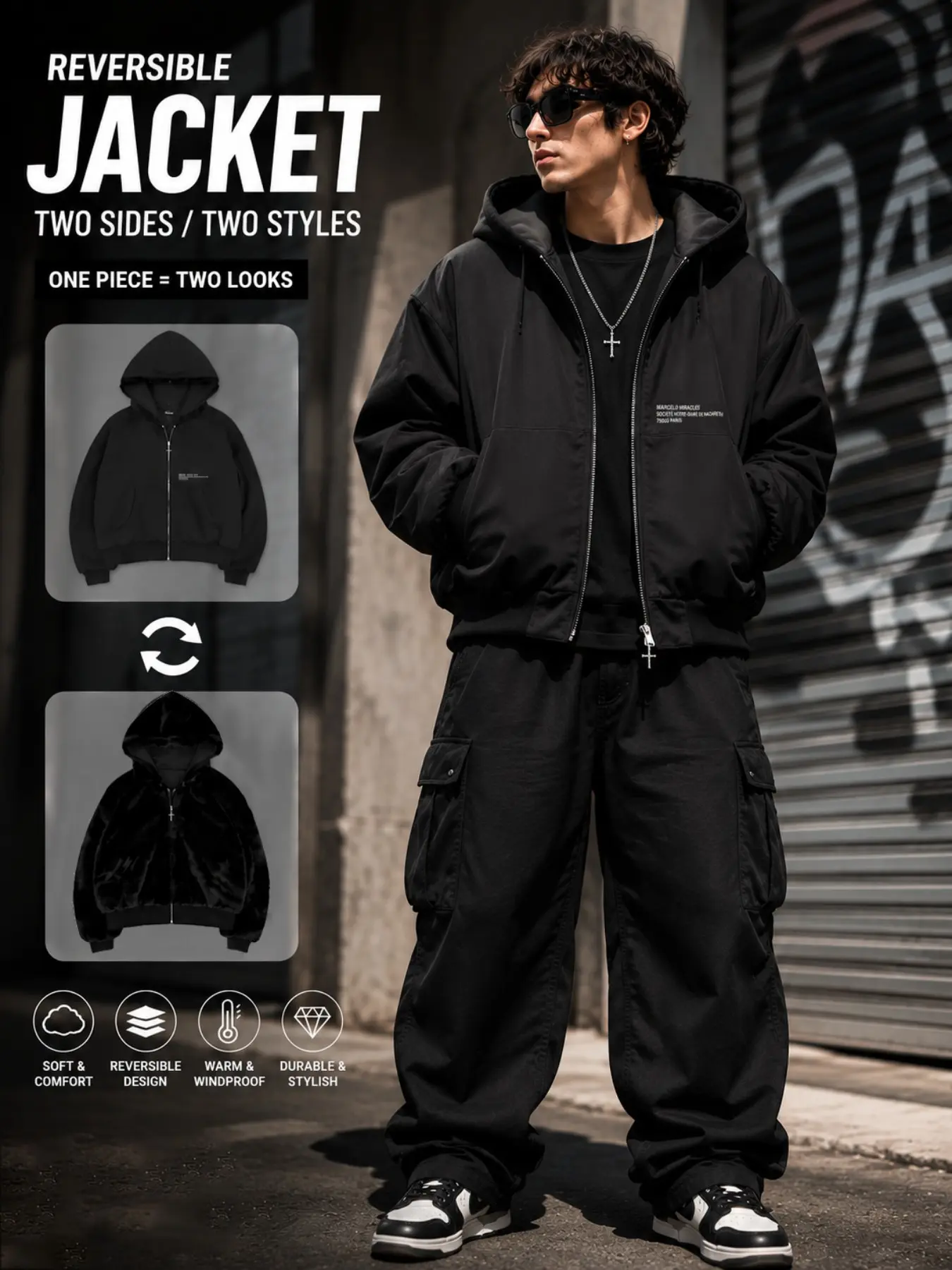 Men's Reversible Hoodie Jacket, 2 In 1 Winter Warm Faux Fur Coat, Oversized Streetwear Zip Up Jacket, Casual Y2K Fashion Outerwear