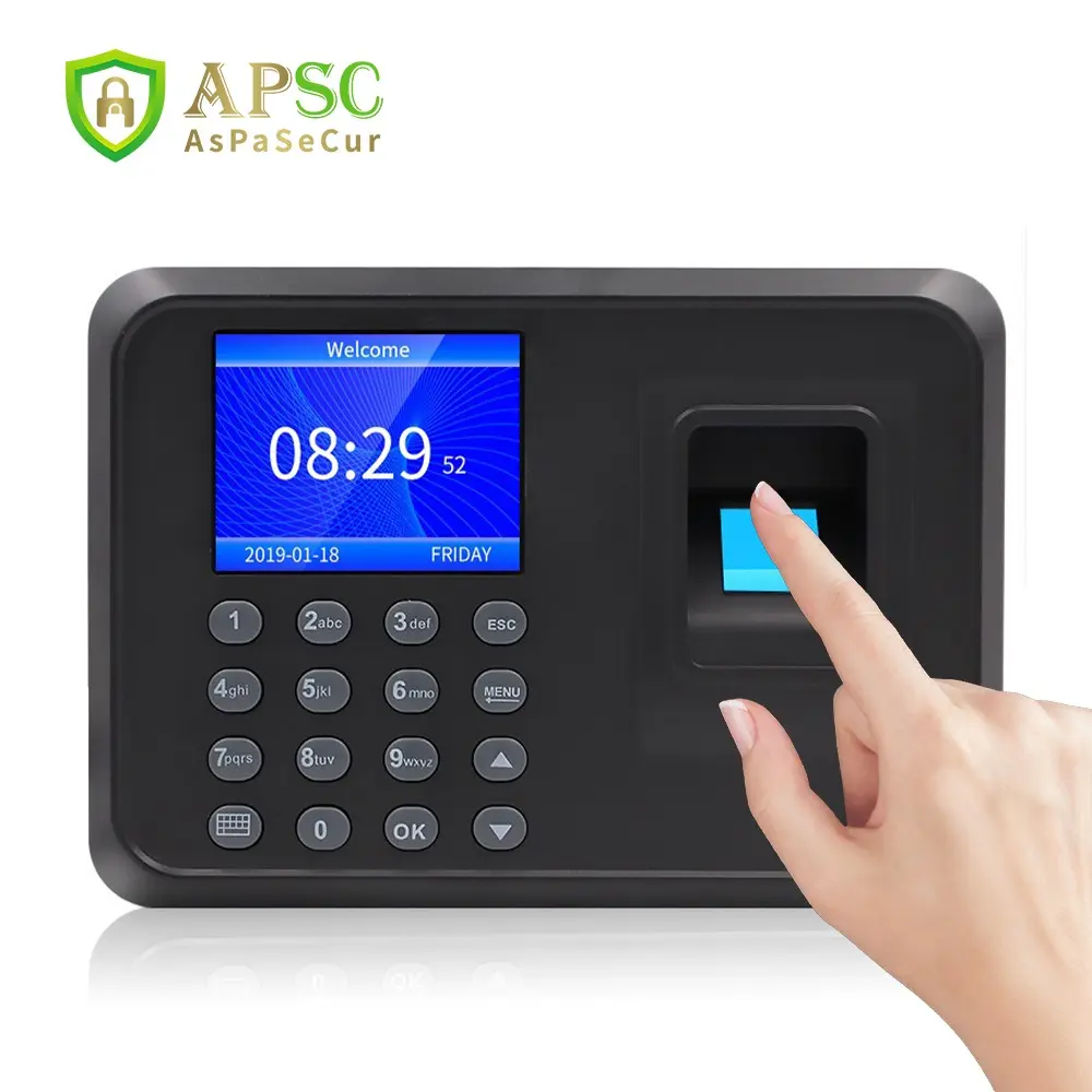 Biometric Fingerprint Attendance Machine with LCD Display Screen, Employee Sign-In Device, Office Use, Multiple Languages, Includes Power Cable, Fingerprint Recognition