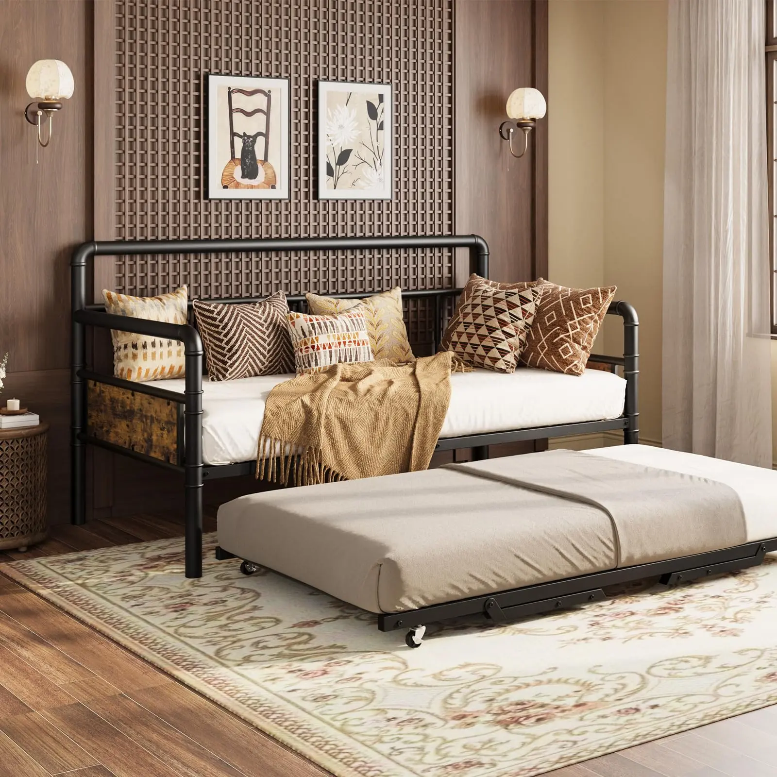 Heavy Duty Metal Trundle Bed Frame with Lockable Wheels, Twin Size Roll Out Pop Up Platform Bed, Quiet Steel Slat Support No Squeaking, Ideal for Small Rooms Kids Guest Sleeping Daybed Pull Out Extra Bed,dorm essentials,home decor