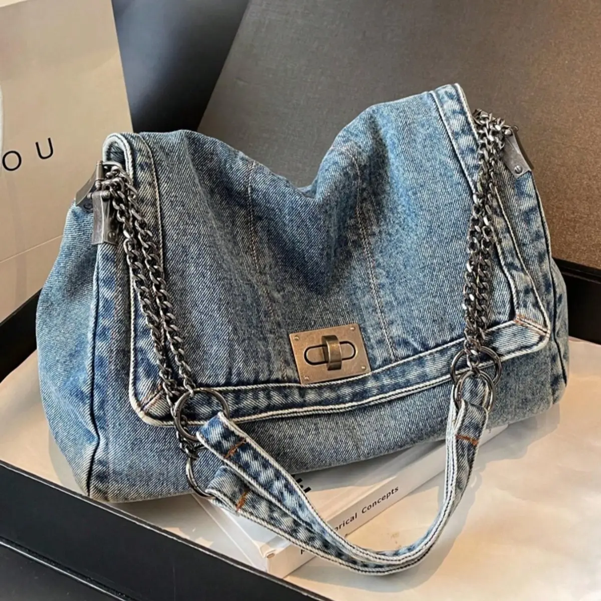 Women's Fashion Denim Messenger Bag with Crossbody Strap - Compact, Versatile, Lightweight Non-Woven Daily Purse for Commuting, Shopping (Requires Customization, Dark Blue)