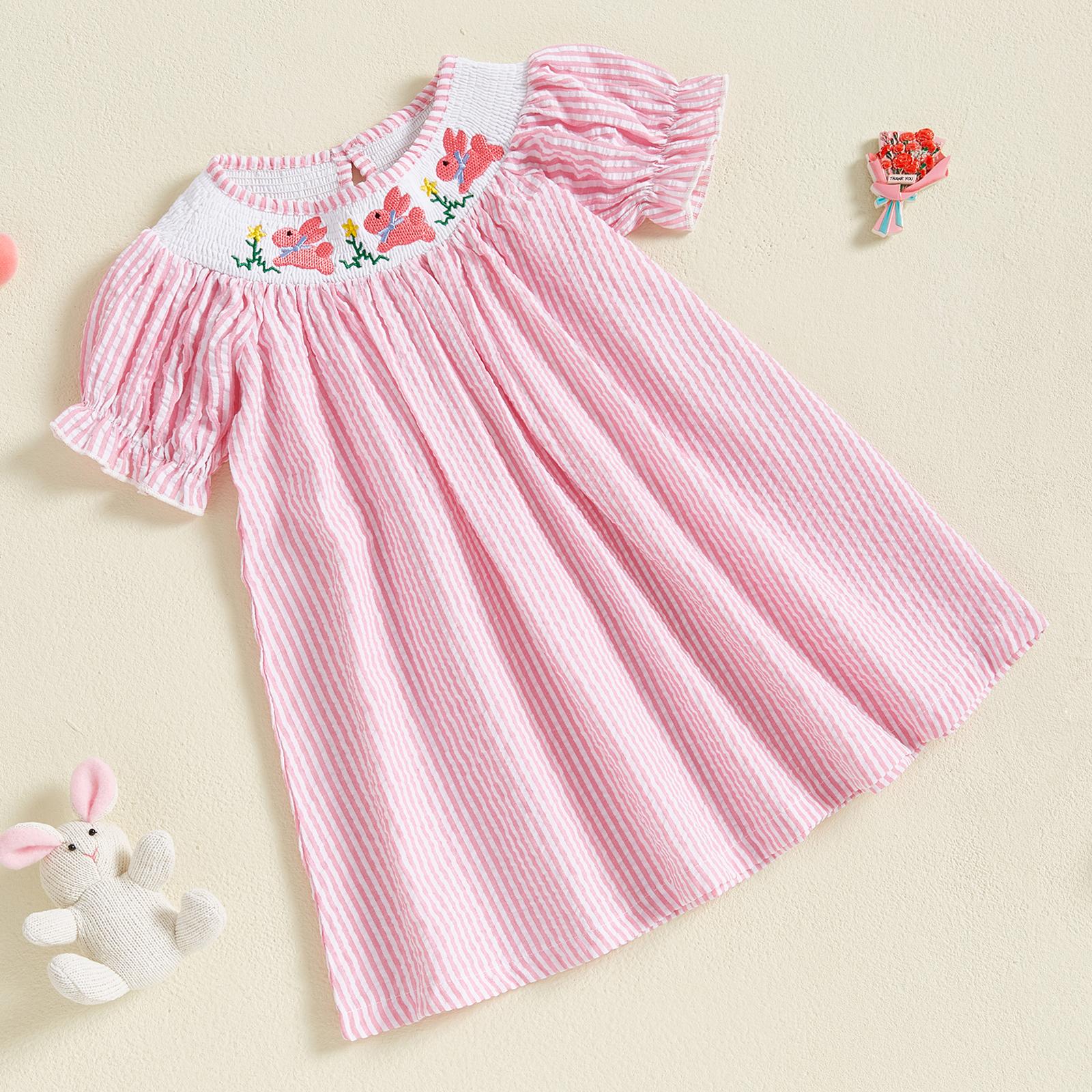 Easter Sister Matching Clothes Toddler Girl Easter Romper/Dress Short Puff Sleeve Stripes Print Smocked Bodysuit/Dress
