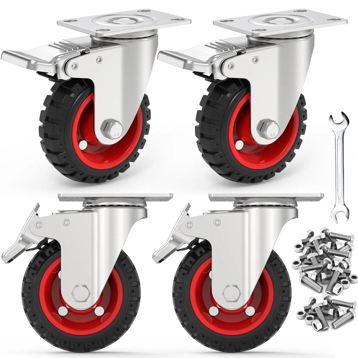 5" Swivel Caster Wheels with Safety  Locking and Rubber Tire Wheels, Heavy Duty - 350 Lbs Per Caster for Workbench, Cart, Trolley, , Cabinet, Compact Rubber Castor Wheels, 4-Packs