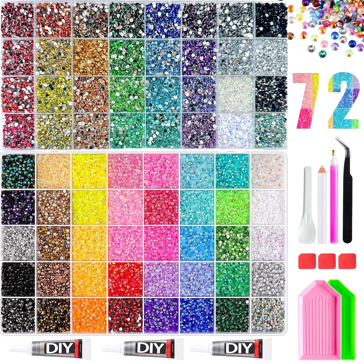 72 Grid 57600 Rhinestones Set, Mixed Colors Ab Sparkle Flat Back, Includes Glue, Pliers, Tray, DIY Nail Art & Craft Tools，72 Colors Assorted Rhinestone Full Set with Adhesive & Tools, Flatback Crystals for Manicure & Handmade Crafts