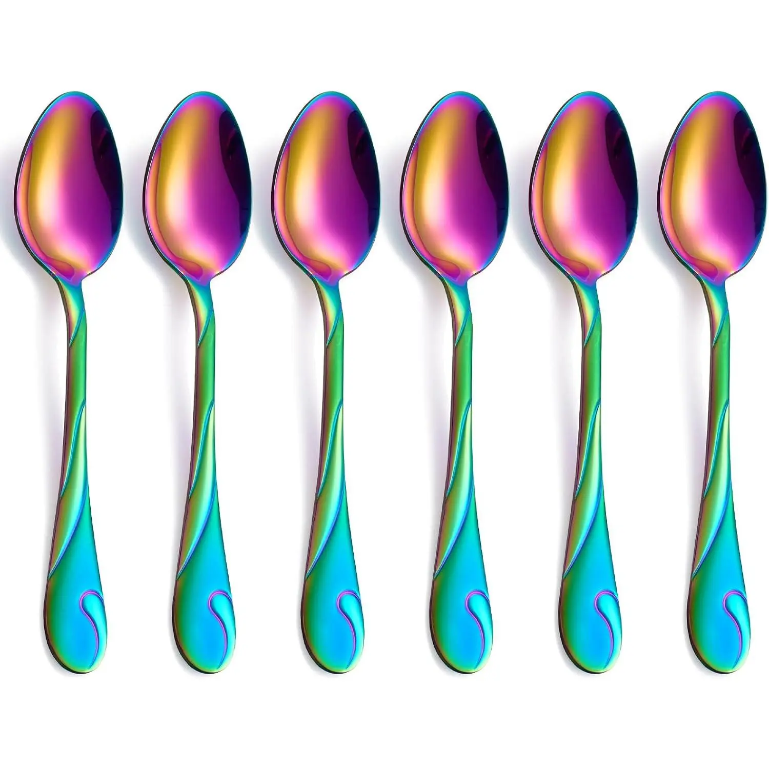 Rainbow Dinner Spoon Set, 7.6-inch Stainless Steel Spoon Silverware, 6- Shiny Rainbow Soup Spoons Table Spoon, Dishwasher Safe, Set of 6
