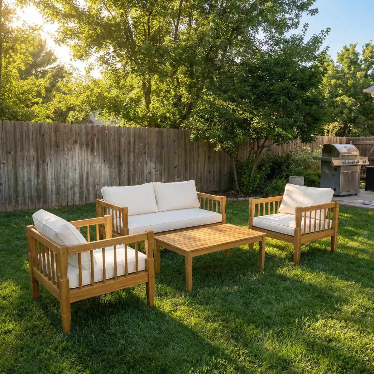 Aobtkel Christopher Knight Home 4-Piece Sturdy Stable Concrete Acacia Wood Classic Outdoor Furniture Set - Family-Friendly Deep Seating Conversation Set with Waterproof Thick Cushions, Teak Finish Coffee Table for Backyard Relaxation, Balcony Outdoor Use