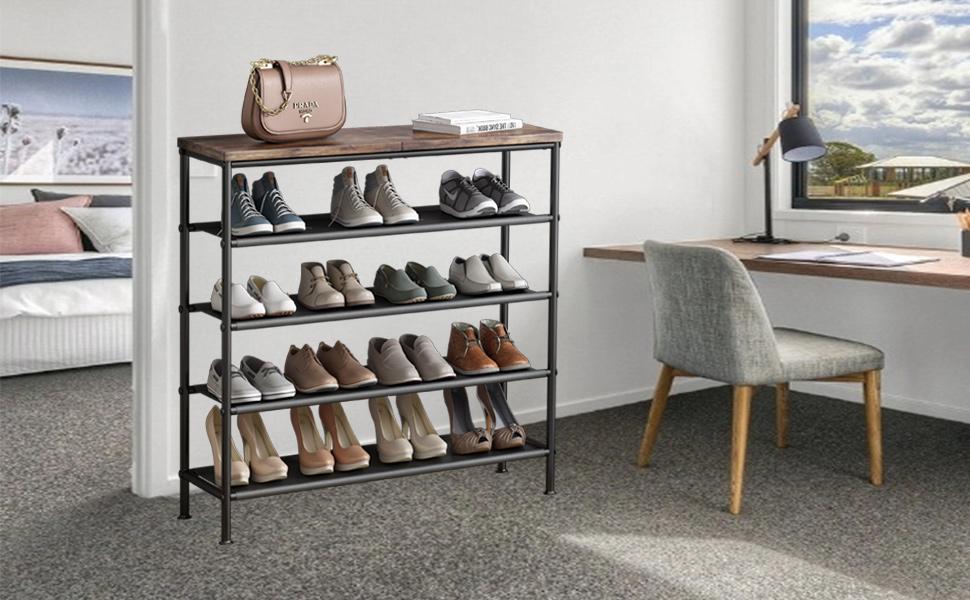 LINZINAR 5 Tier Metal Shoe Rack Organizer with Industrial MDF Board & Layer Fabric for Entryway Closet Bedroom Living Room Garage Storage A001