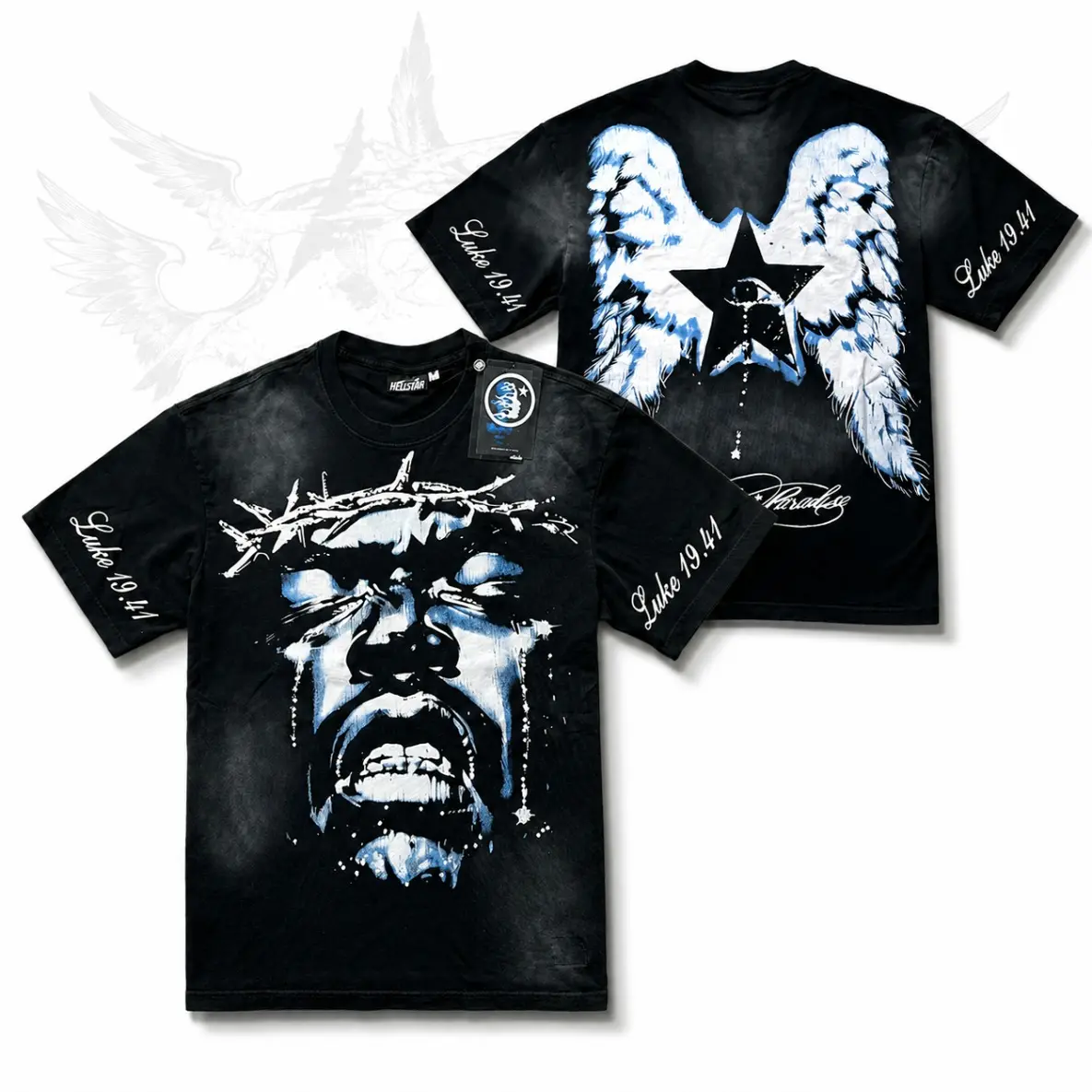 Hellstar Jesus Tears T-Shirt, Vintage Angel Wings Double Sided Graphic Printed Heavy Cotton Loose Tee for Men Women, Unisex Luke 1941 Casual Hip Hop Top, Trendy Washed Black Summer Streetwear Clothes
