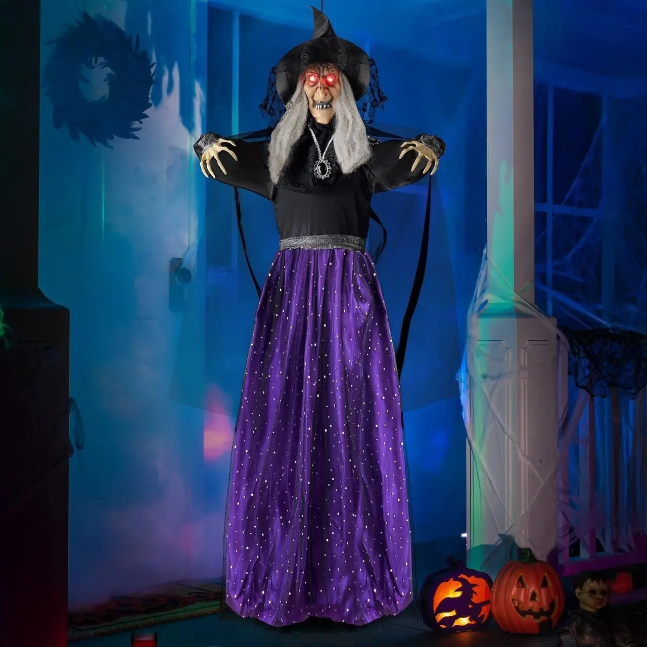 47" Animated Witch Halloween Decorations Outdoor Indoor, Scary Halloween Animatronics, Hanging Ghost with Sound Activated LED Light Up Eyes for Haunted House Yard Garden LawnGift