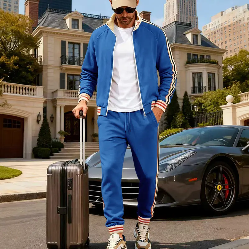 Men's Fleece Lined Tracksuit Set, Fall Winter Stripe Color Block Zip Up Jacket and Jogger Pants, Warm Athletic 2 Piece Outfit for Gym, Running, Travel, Casual Streetwear