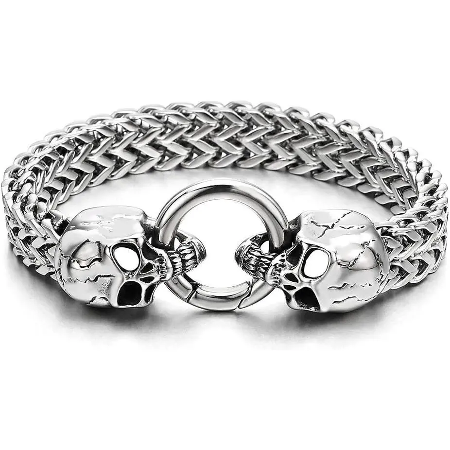 Gothic Mens Stainless Steel Skull  Link Curb Chain Bracelet with Spring Ring Clasp