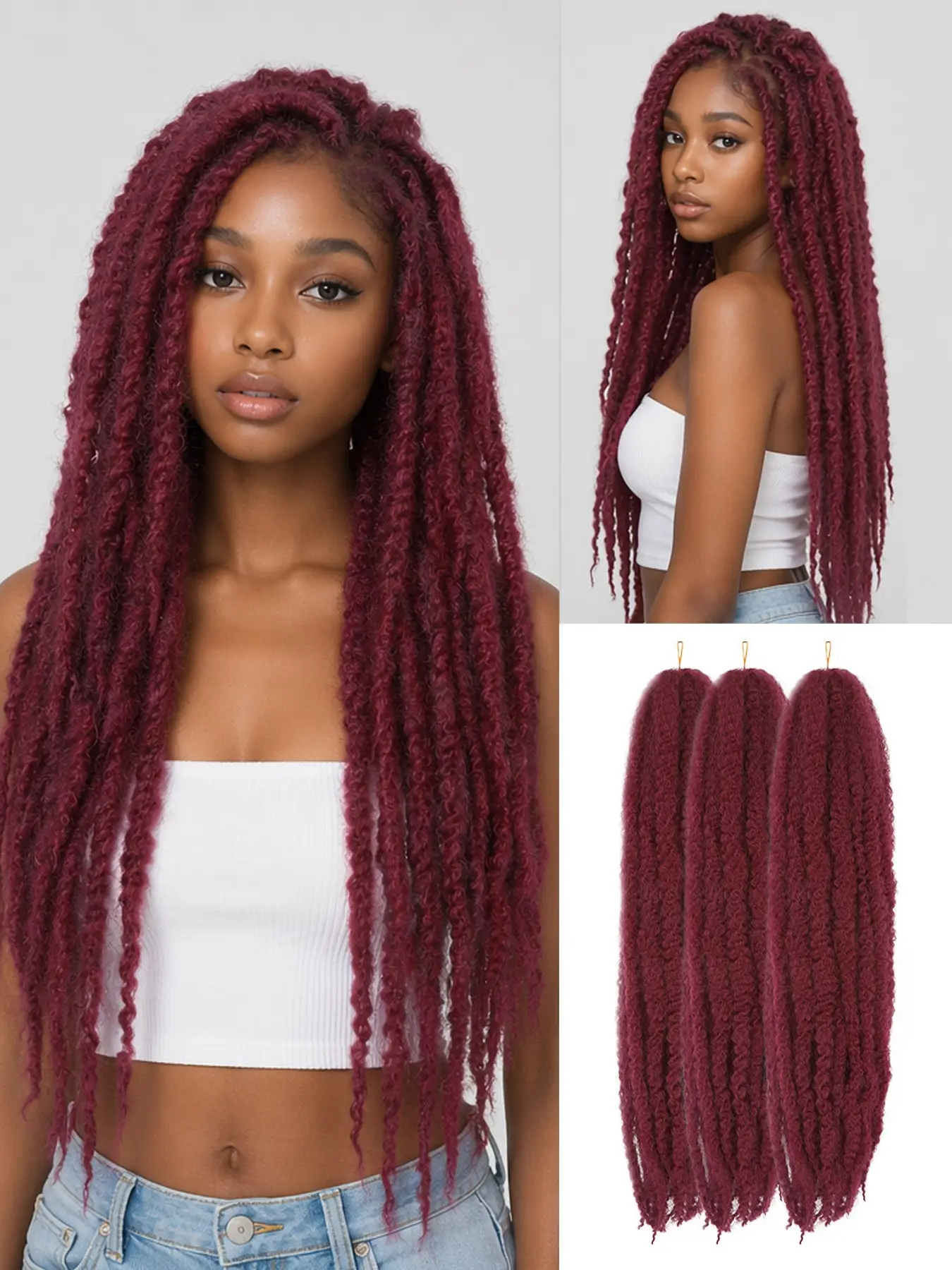 24-Inch Marley Twist Crochet Braiding Hair,3PCS Soft Long African Curly Twist Hair Extensions, Synthetic Braids in Various Colors for Christmas, New Year, Carnival, and Music Festivals